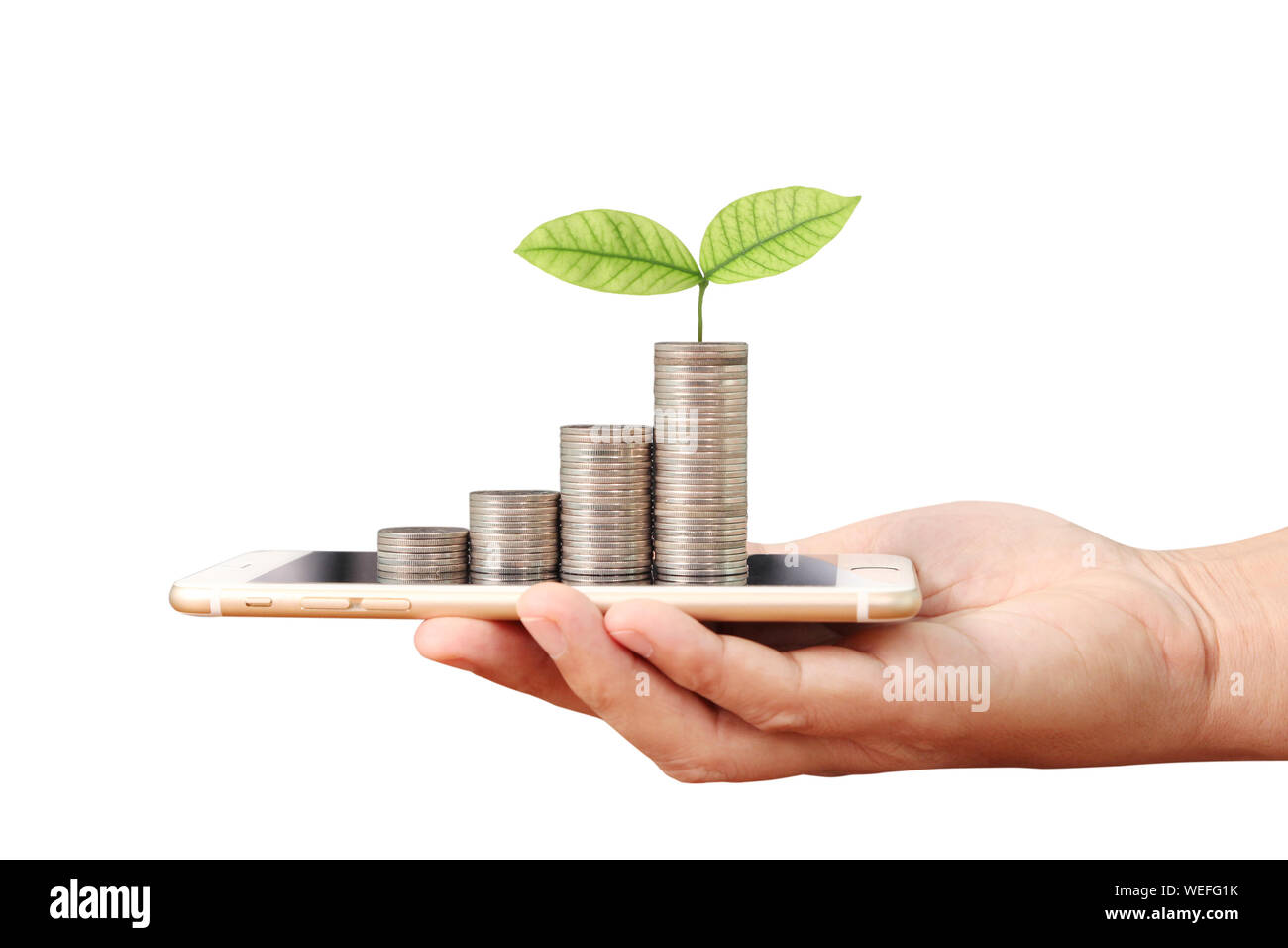 Pièces de monnaie sur le smartphone, entreprise au concept d'Ecommerce Banque D'Images