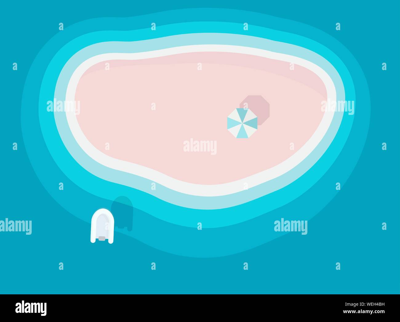 Dans l'île sauvage de sable océan bleu azur avec parasol, seul lieu de détente, belle plage, paradise isle, vector illustration. Illustration de Vecteur