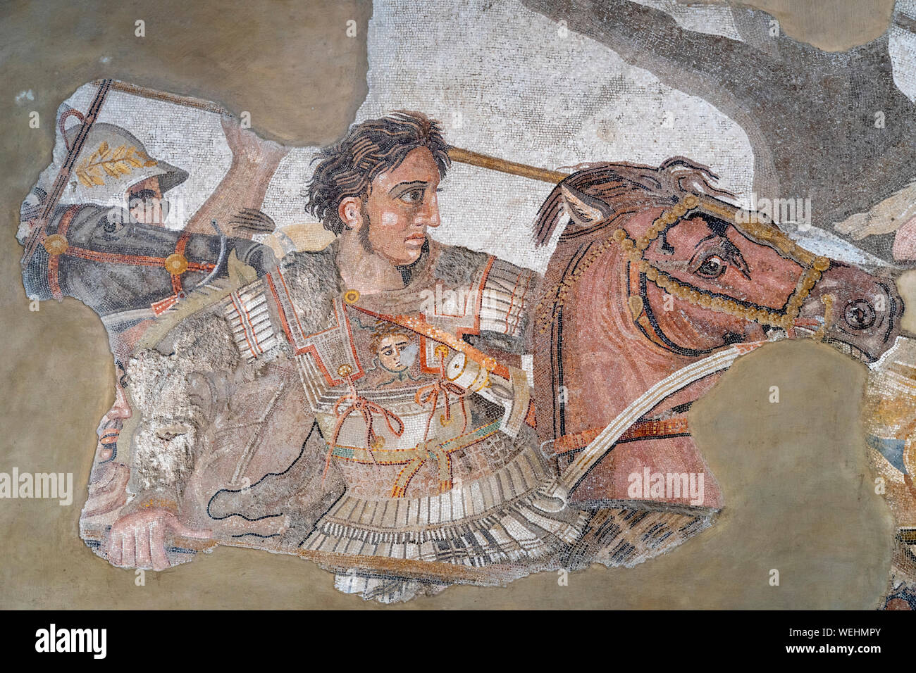 Détail de la mosaïque représentant Alexandre le Grand Alexandre à cheval. Originaire de la maison du Faune à Pompéi, maintenant à l'Archael Naples Banque D'Images