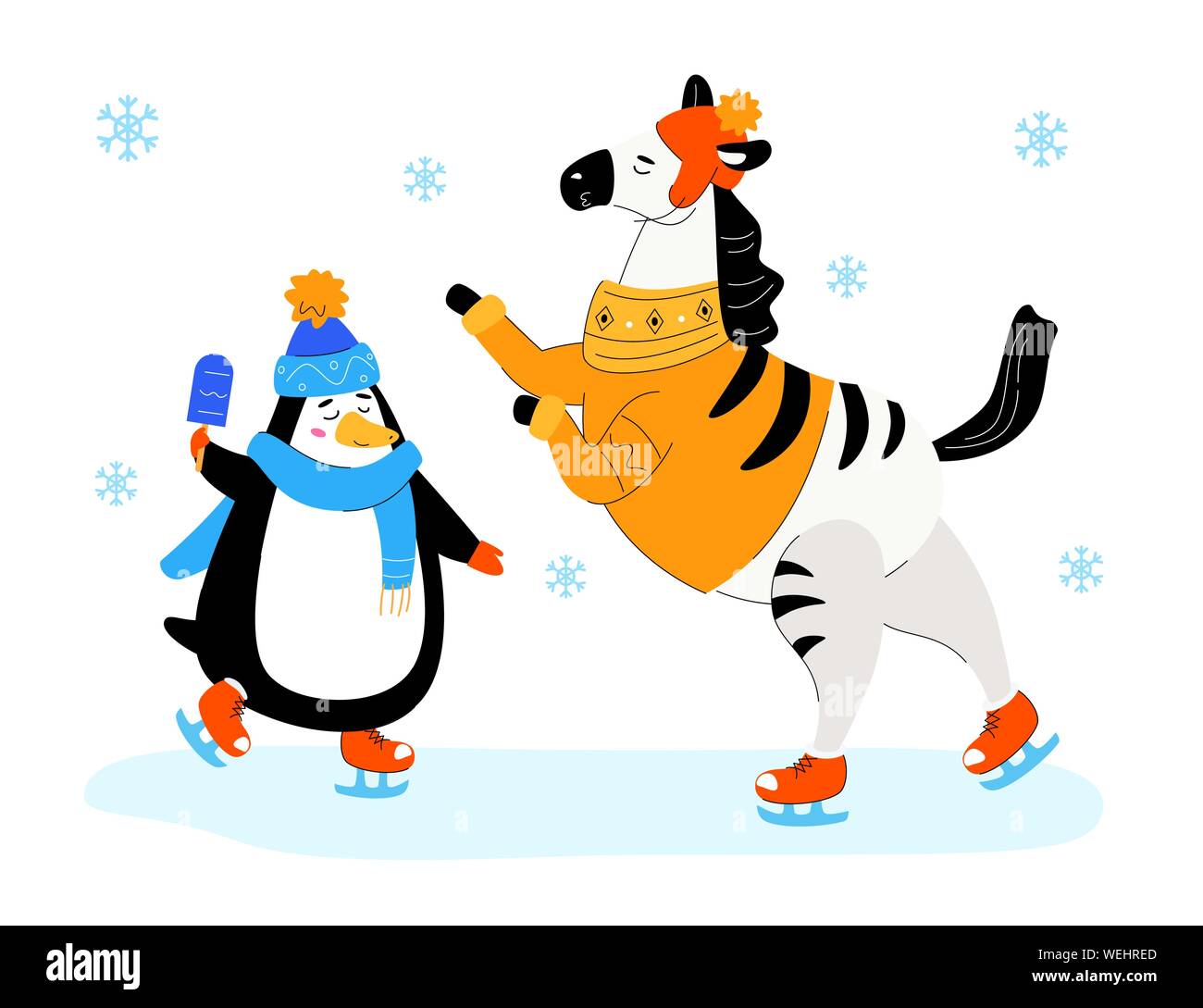Zebra et penguin patinage - télévision style design illustration avec des personnages de dessins animés sur fond blanc. Une composition avec des animaux en hiver clot Illustration de Vecteur