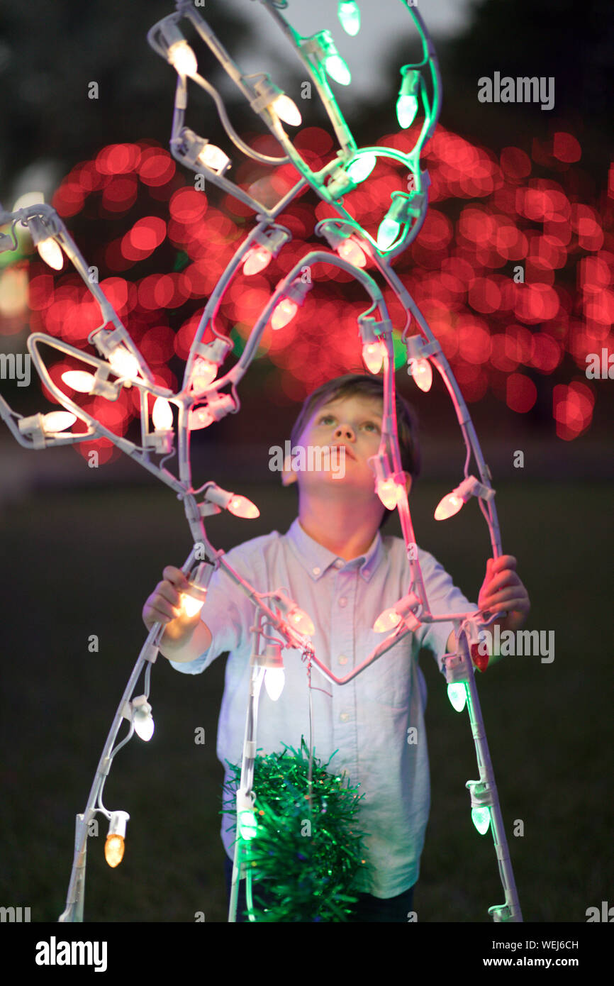 Garçon de 5 ans en regardant les lumières de Noël au parc de nuit Banque D'Images