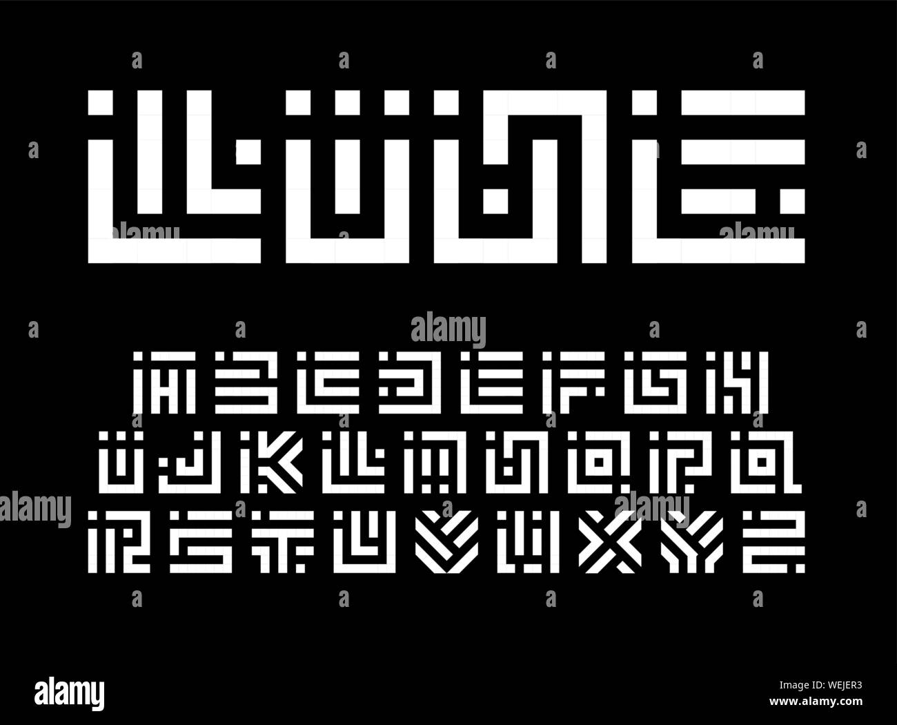 Dot et dash jeu de lettres en ligne, labyrinthe géométrique des symboles. Blocs carrés vector alphabet latin. Serrure numérique, serrure stylisé des lettres. Abstract Illustration de Vecteur