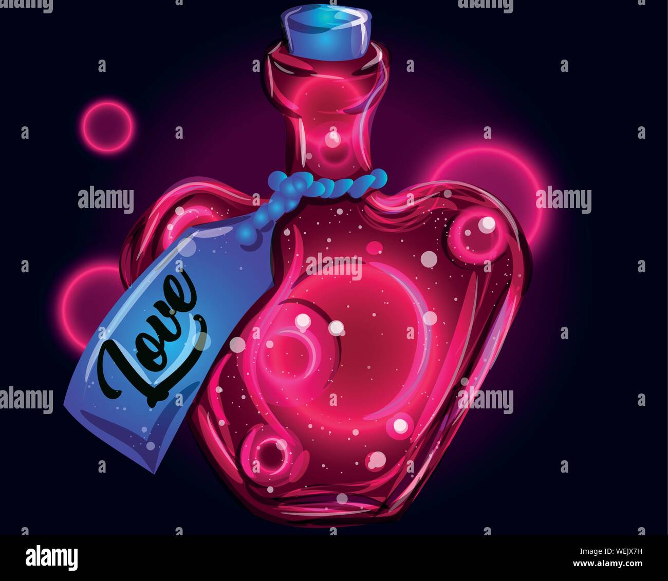 L'amour liquide dans un bocal - poison magique illustration pour la Saint-Valentin. Recette de l'attraction dans un flacon en forme de cœur. Neon light fantasy. Illustration de Vecteur