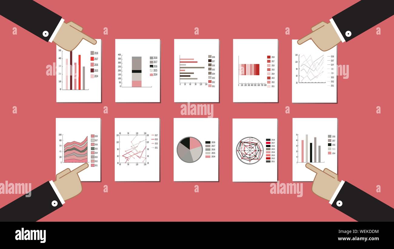 Quatre hommes d'examiner diverses statistiques. Leurs mains au point des graphiques, des tableaux statistiques. Vector illustration télévision sur fond rose. Idée pour bu Illustration de Vecteur