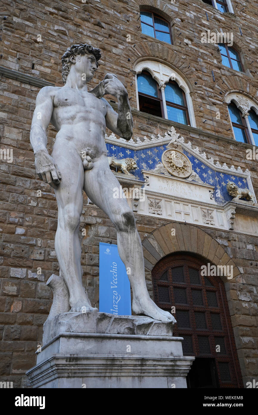 Copie de Michelangelo's 'David' sur la Piazza della Signoria, Florence Italie Banque D'Images