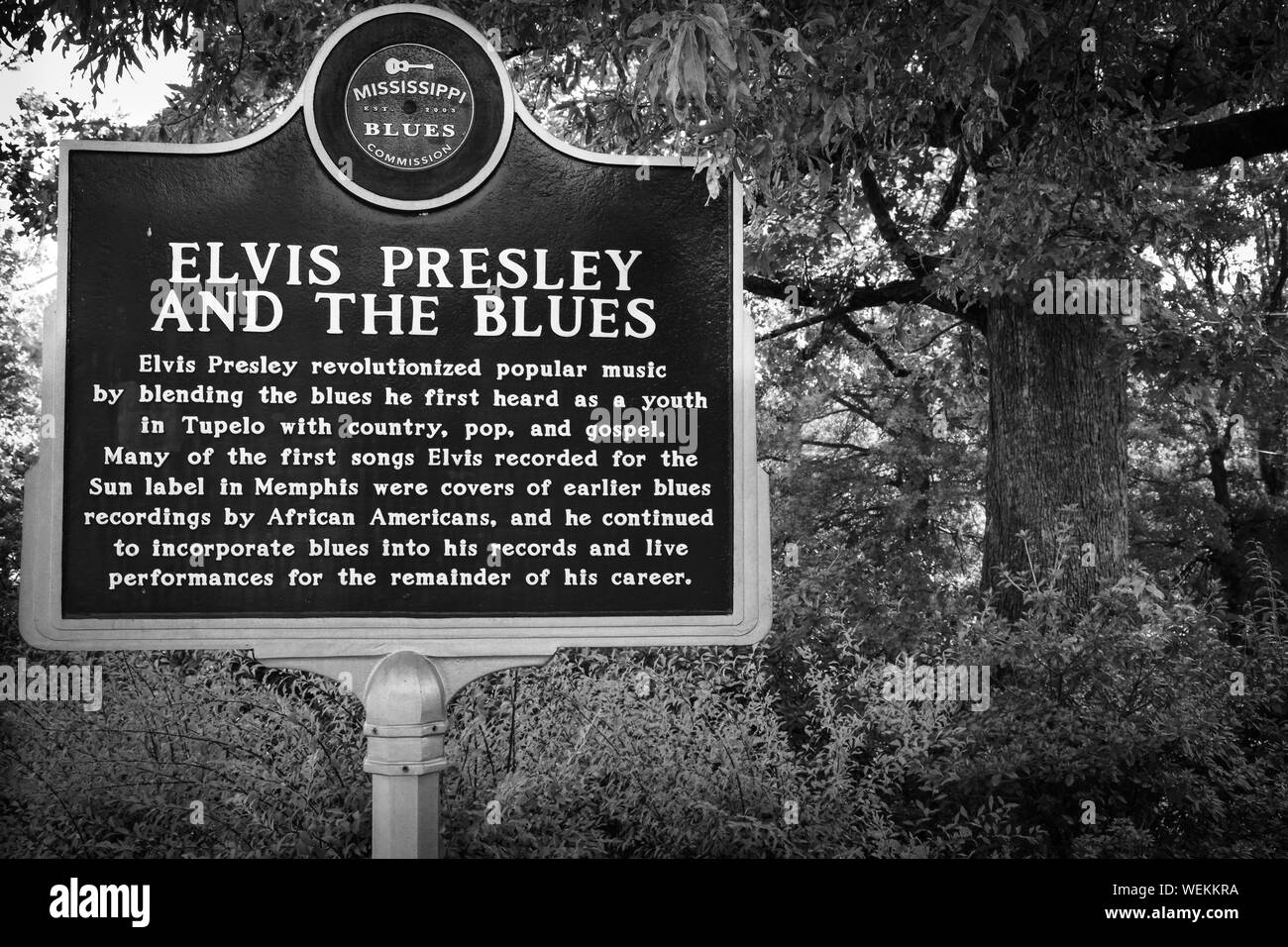 La Mississippi Blues Commission repère historique pour Elvis Presley et les bleus, sur le terrain du musée, lieu de naissance d'Elvis Presley Tupelo, MS Banque D'Images