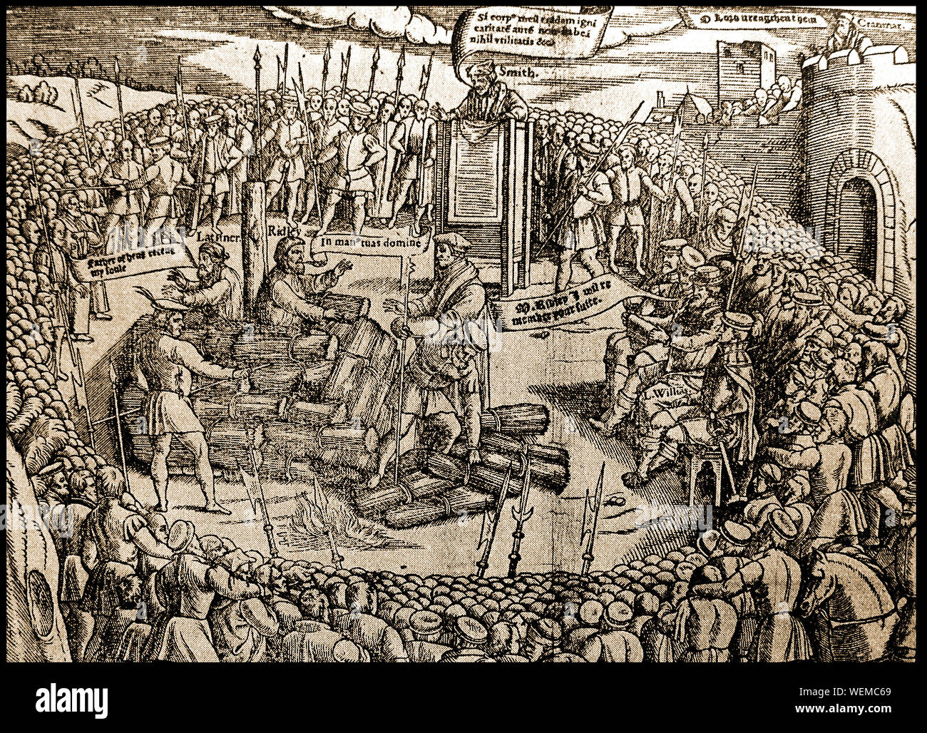 L'exécution par la combustion de Hugh Latimer et Nicholas Ridley à ce qui est maintenant l'memorialBroad Street, Oxford, UK (16 octobre 1555) du Foxe's Book of Martyrs 1563 Banque D'Images