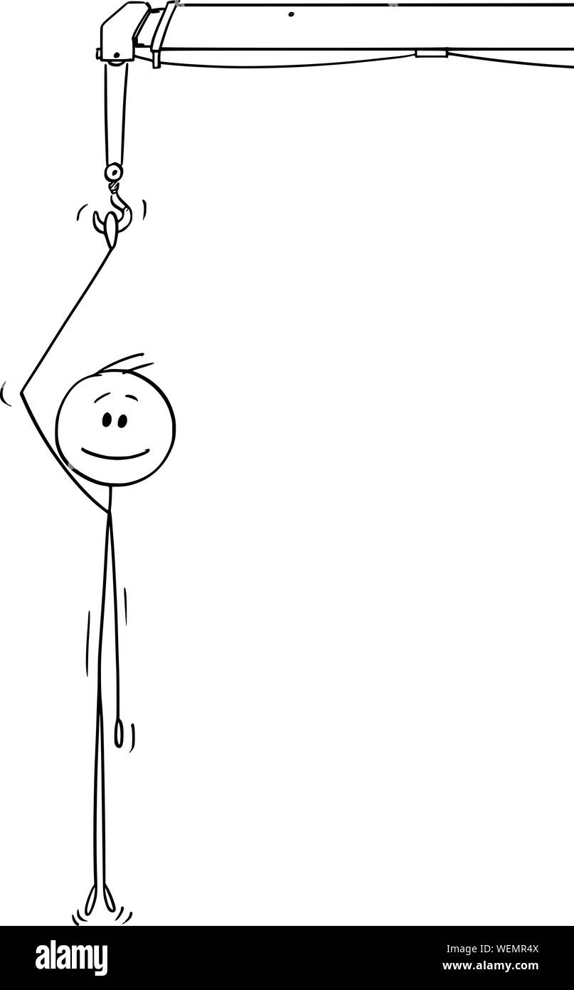 Vector cartoon stick figure dessin illustration conceptuelle de smiling man ou woman le crochet de la grue et de la pendaison. Problème Solution La métaphore. Illustration de Vecteur