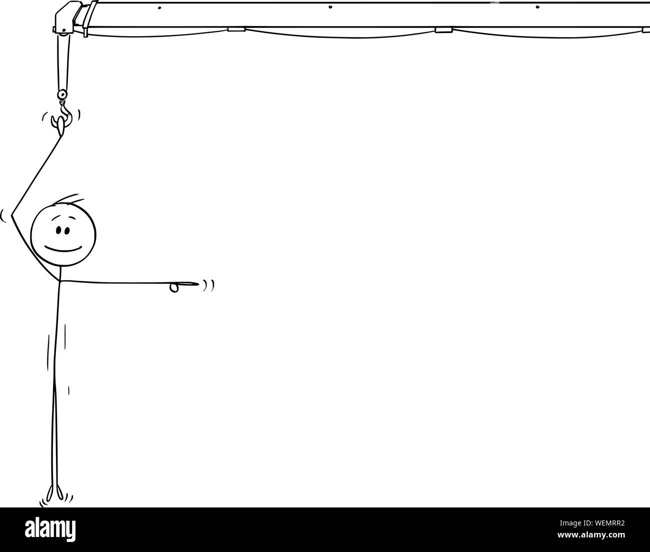 Vector cartoon stick figure dessin illustration conceptuelle de smiling man ou woman le crochet de suspension,et en montrant quelque chose. Problème Solution La métaphore. Illustration de Vecteur