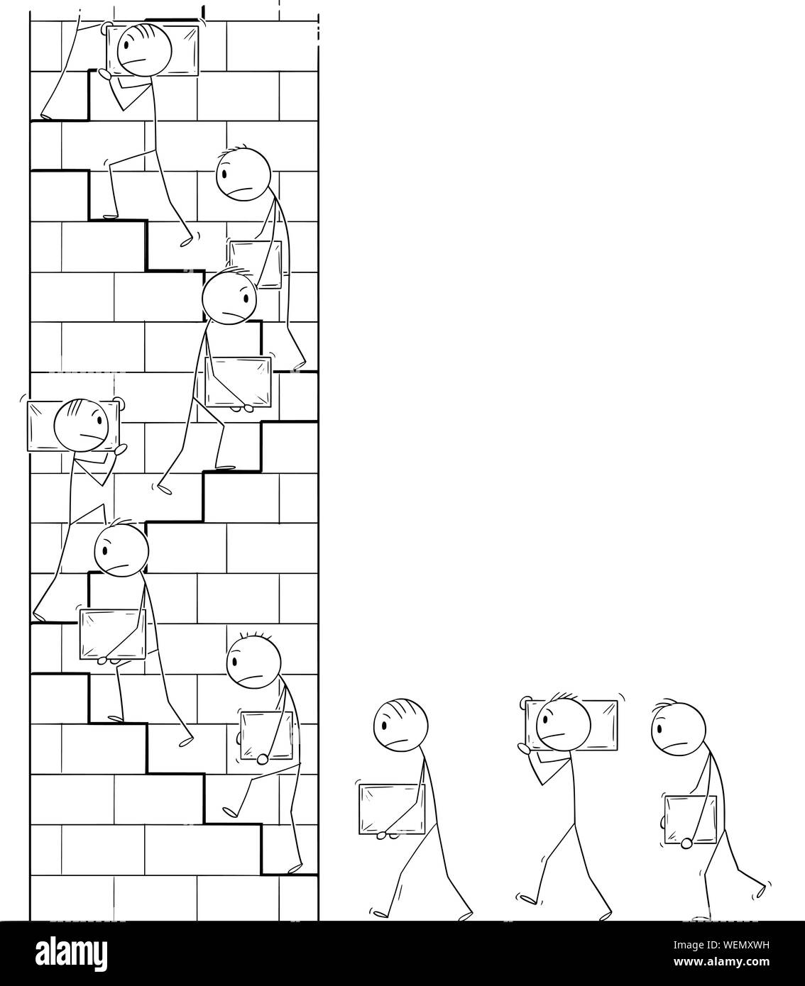 Vector cartoon stick figure dessin illustration conceptuelle des hommes ou les travailleurs occupés de grands blocs de pierre comme matériau de construction et de monter les escaliers sur la haute tour. Illustration de Vecteur