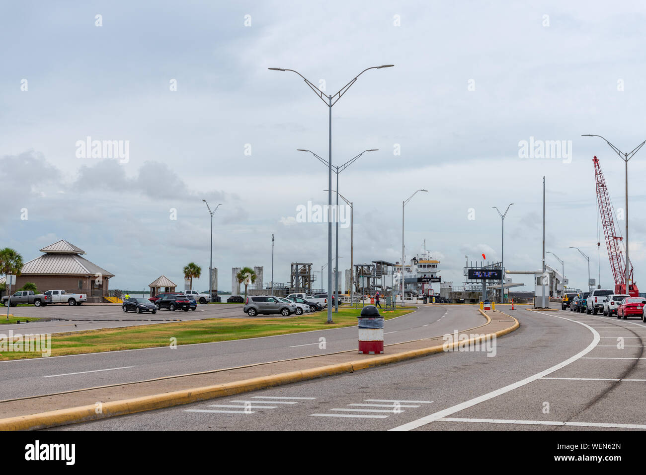 Approche de Bolivar Ferry Port de Galveston, Texas, États-Unis. Banque D'Images