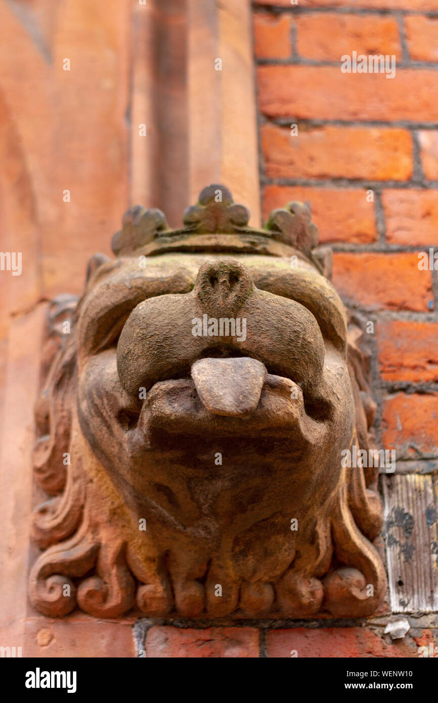 Lion couronné ou chien comme une pierre sculptée tête comme une gargouille - une langue tendue avec gardien Banque D'Images