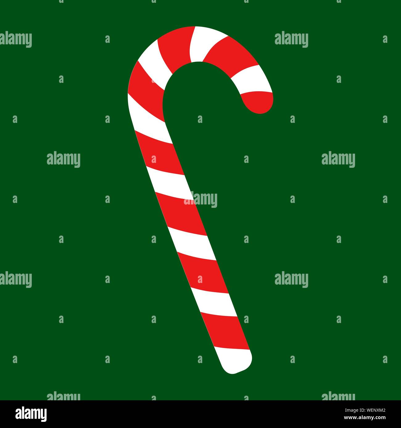Vector illustration de Candy Cane bâton sucré. Noël ou Nouvel An télévision fête icône. Canne blanche avec rayures rouge isolé sur fond vert. Cartes de vœux, cadeaux modèle d'impression. Illustration de Vecteur