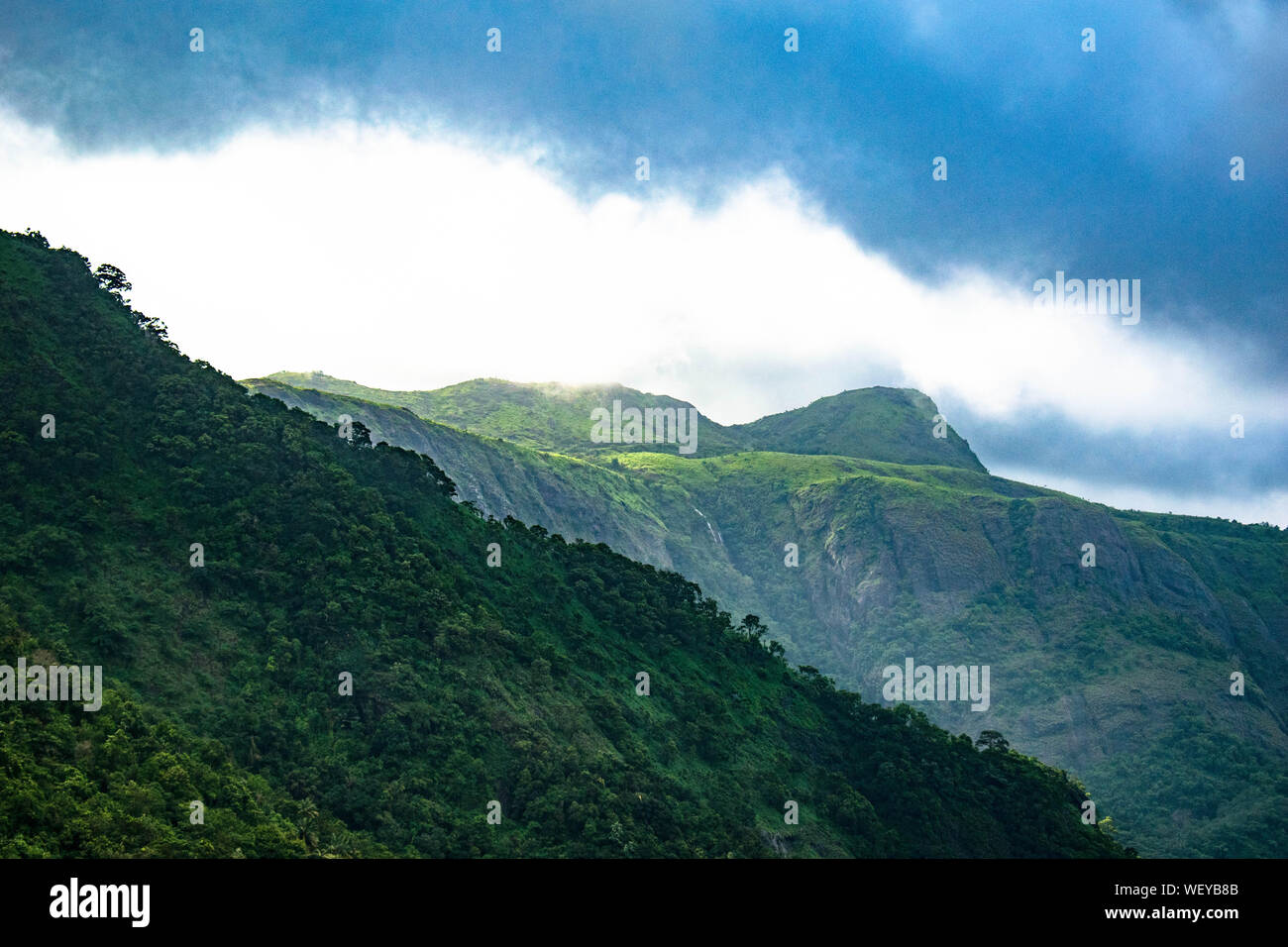 La Grande Charte verte des chaînes de montagnes. Entouré de sommets des plantes vertes et un fond de ciel bleu. Très semblables à ceux trouvés dans les Himalaya et Western Ghats Banque D'Images
