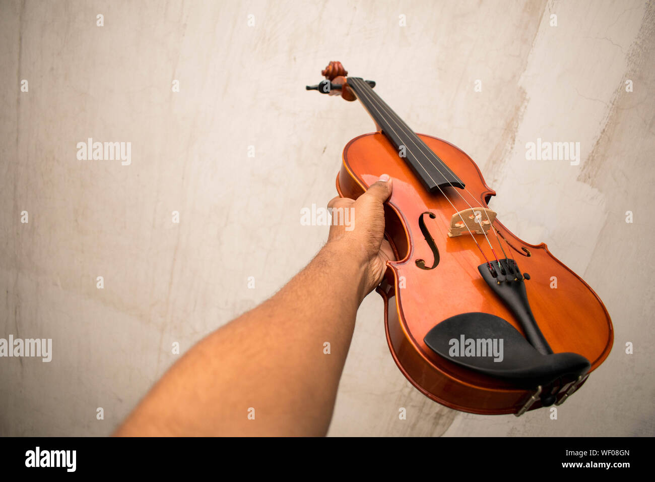 Violon tenue à la main dans un contexte Banque D'Images