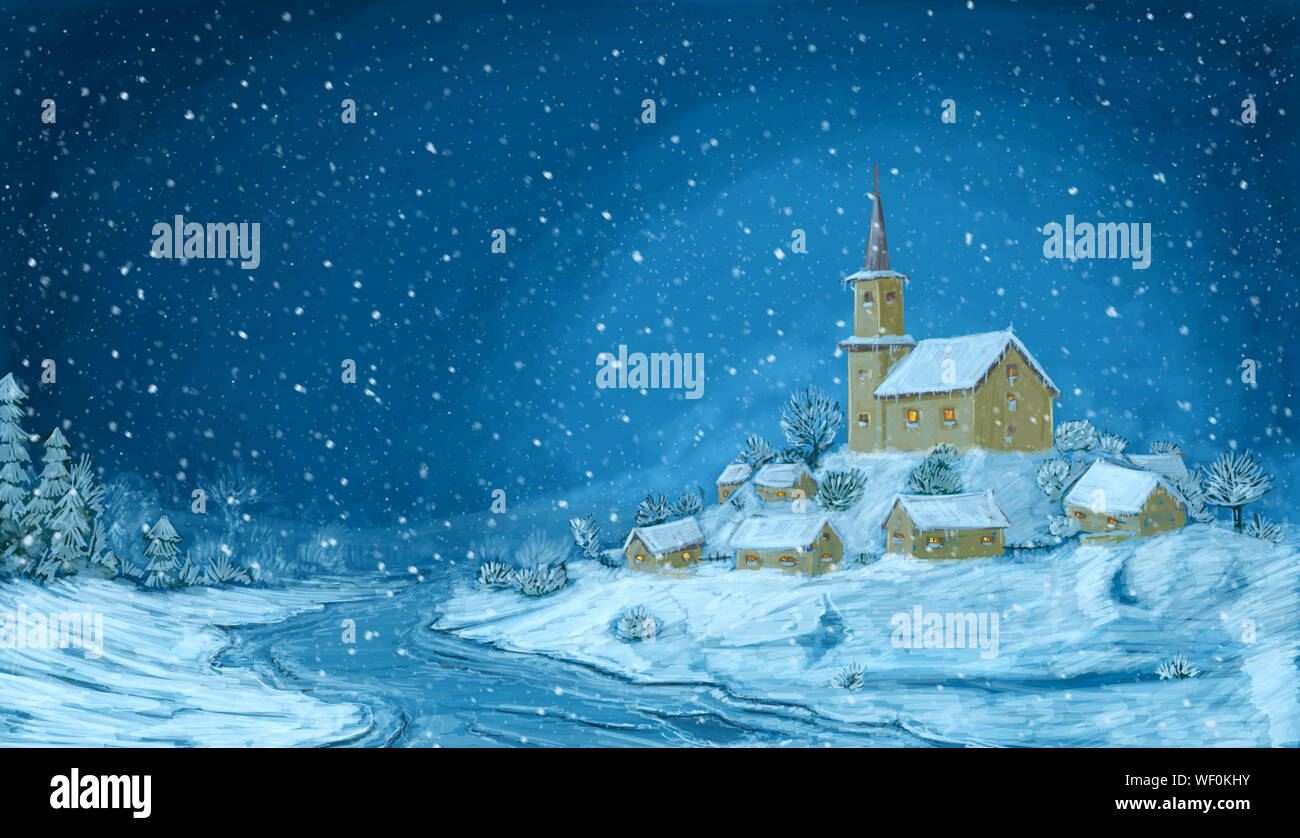 Peinture numérique romantique d'hiver neige paysage de Noël. Village avec petite église sur la colline et la baisse des flocons de neige. Image bleue horizontale. Banque D'Images