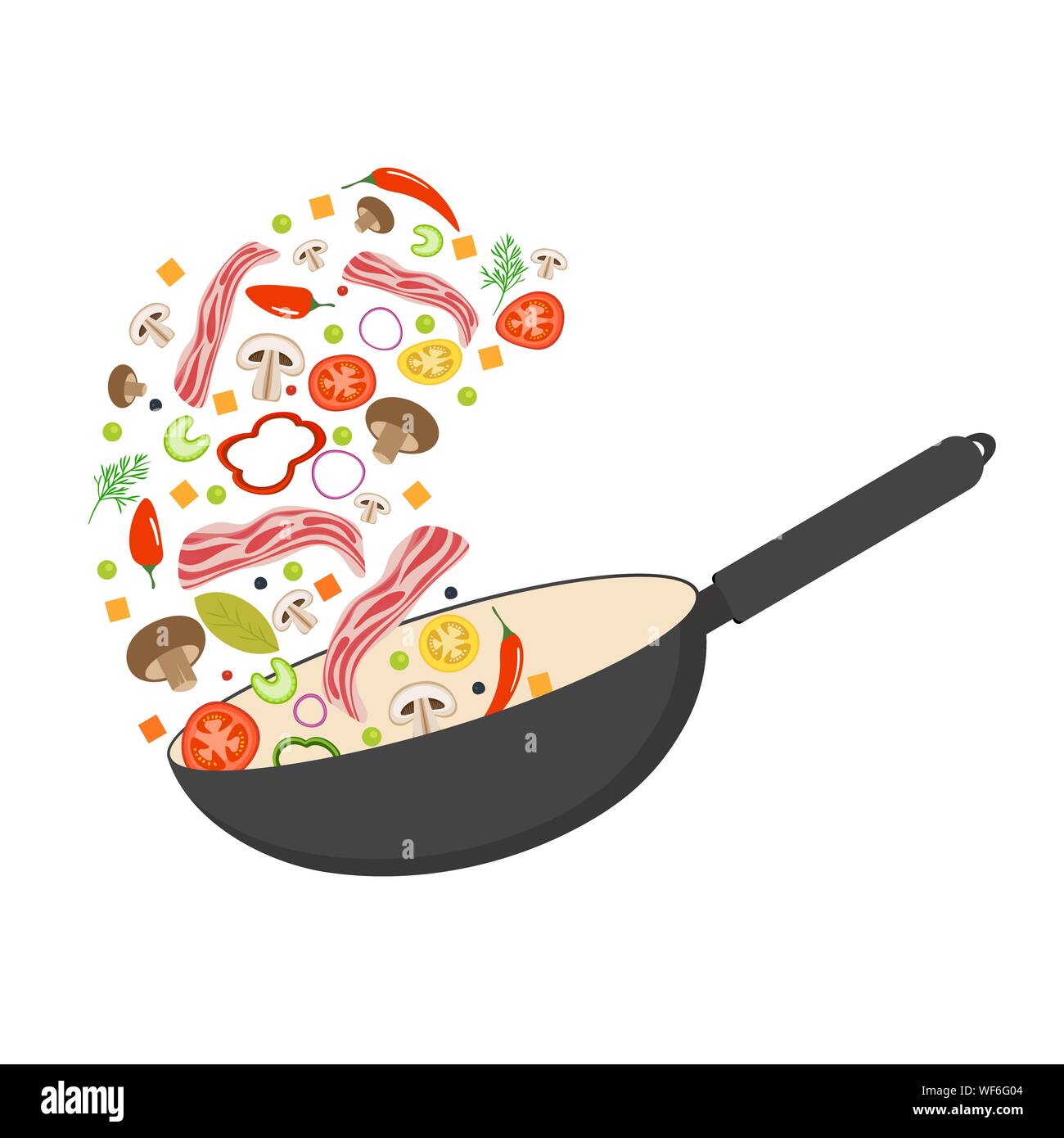 Pan Wok, tomate, paprika, poivre, champignons et bacon. La cuisine asiatique. Voler des légumes avec du bacon de porc. Télévision vector illustration. Illustration de Vecteur