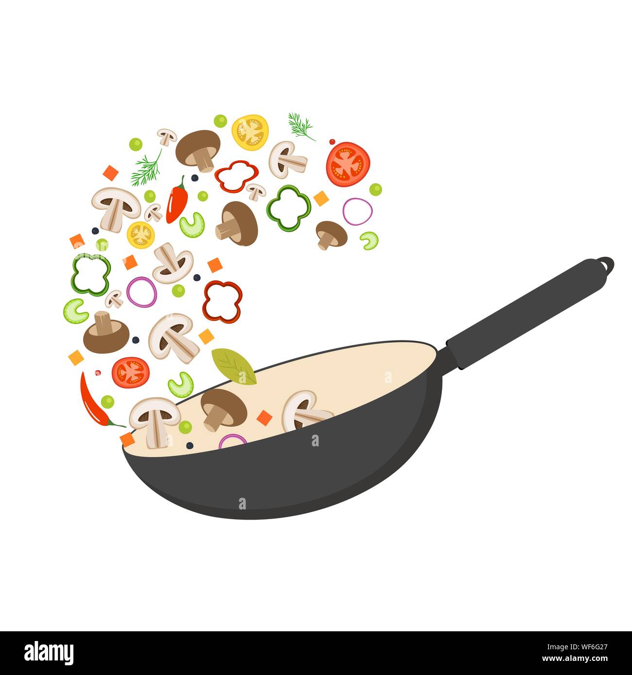 Pan Wok, tomate, paprika, poivre, champignons shiitake et les carottes. La cuisine asiatique. Vol frais légumes. Télévision vector illustration. Illustration de Vecteur