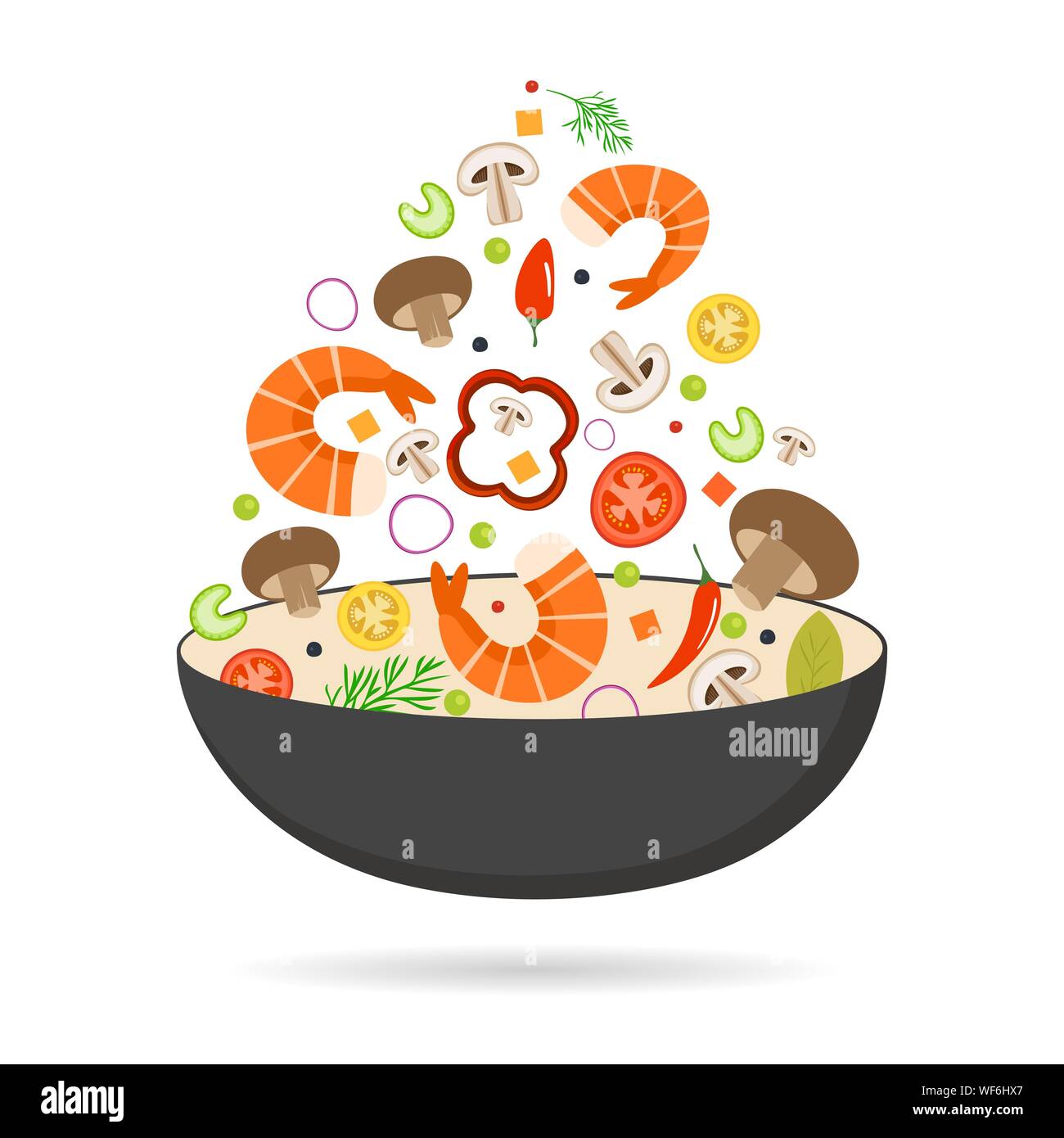 Pan Wok, tomate, paprika, poivre, champignons, crevettes. La cuisine  asiatique. Voler des légumes avec des fruits de mer. Télévision vector  illustration Image Vectorielle Stock - Alamy
