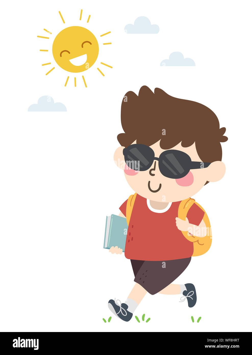 Illustration d'un enfant garçon étudiant à l'école à pied avec sac à dos,  Livre et portant des lunettes de soleil Photo Stock - Alamy