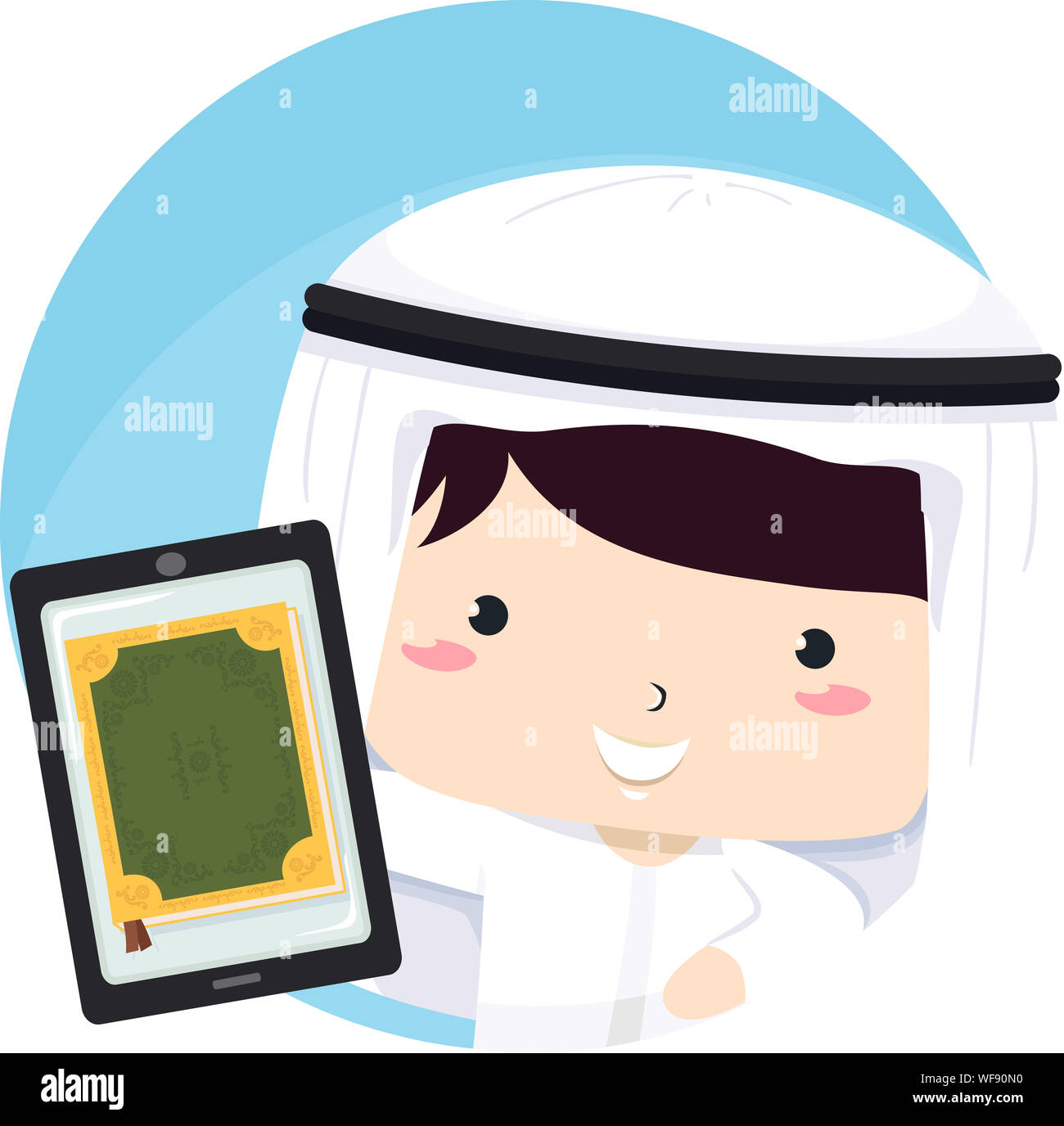 Illustration d'un enfant garçon en arabe traditionnel et Thawb coiffe et Holding a Tablet PC avec Coran App Banque D'Images