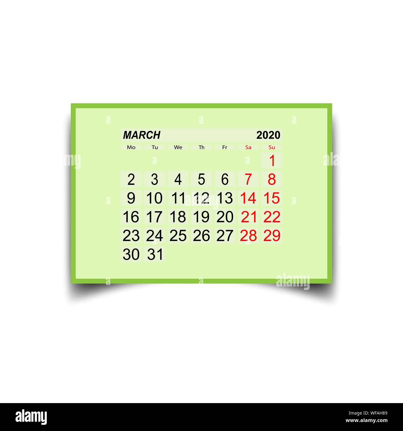 Mars 2020. Une feuille de calendrier avec deux jours de congé par semaine. Illustration de Vecteur