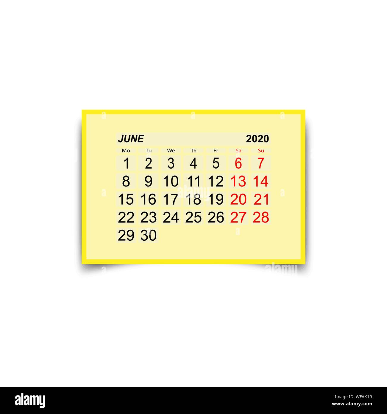 Juin 2020. Une feuille de calendrier avec deux jours de congé par semaine. Illustration de Vecteur