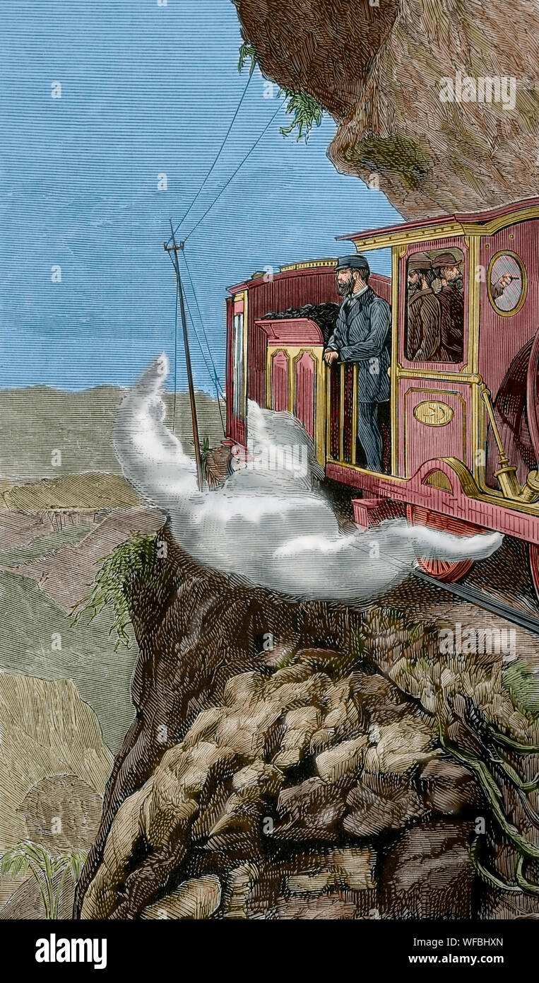 Le colonialisme britannique. Voyage du Prince de Galles (1841-1910) à l'Inde. Plus tard, il allait devenir le roi Édouard VII du Royaume-Uni. Le prince traversant la montagne de Ghaut (Bhore Ghaut) dans une locomotive. La gravure. La ilustracion Española y Americana, le 22 janvier 1876. Plus tard la couleur. Banque D'Images