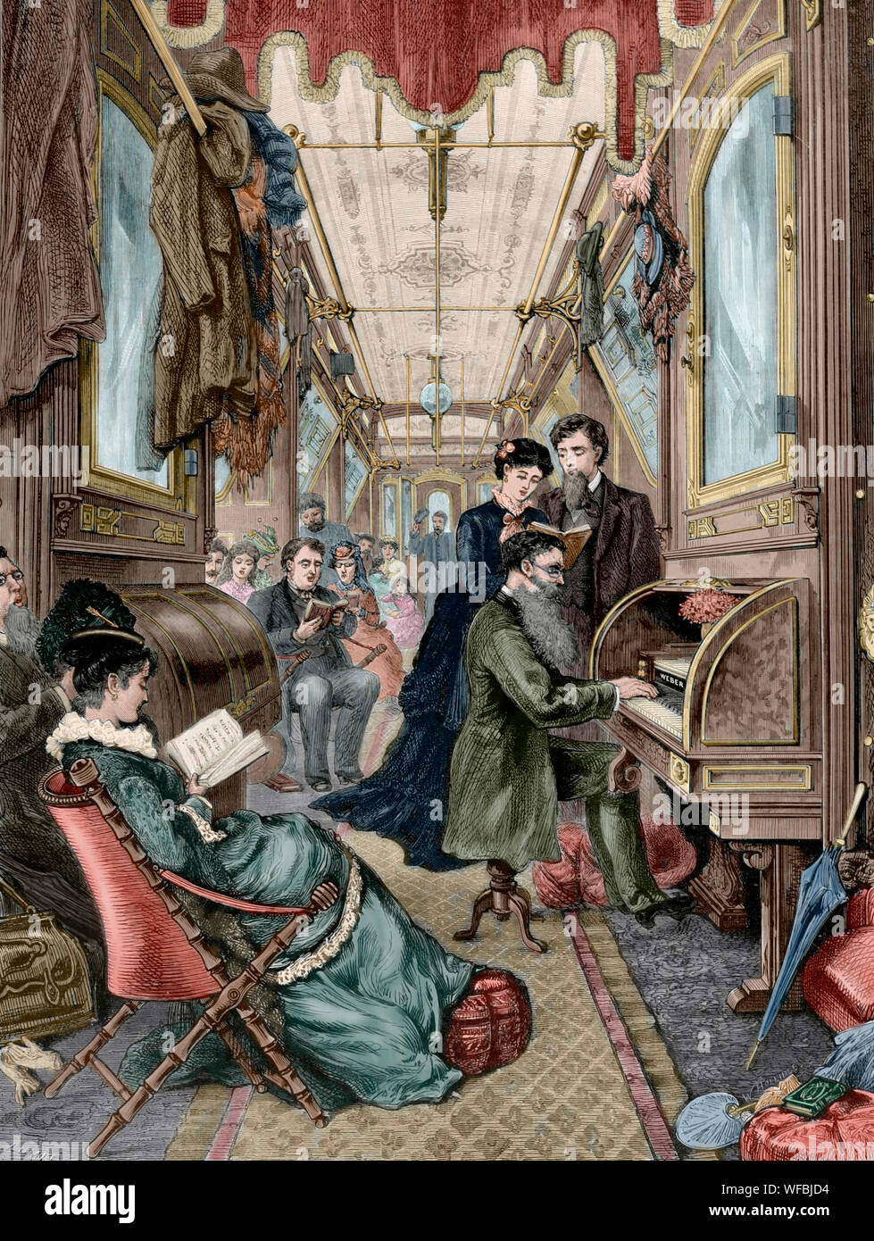 United States. L'observance du dimanche dans un train de la Pacific Railroad qui couvre le trajet entre New York et San Francisco (il a fallu six jours). Le train est composé de wagons Pullman Pullman Palace du système (voitures). Gare hall. La gravure. La Ilustracion Española y Americana, le 30 avril 1876. Plus tard la couleur. Banque D'Images
