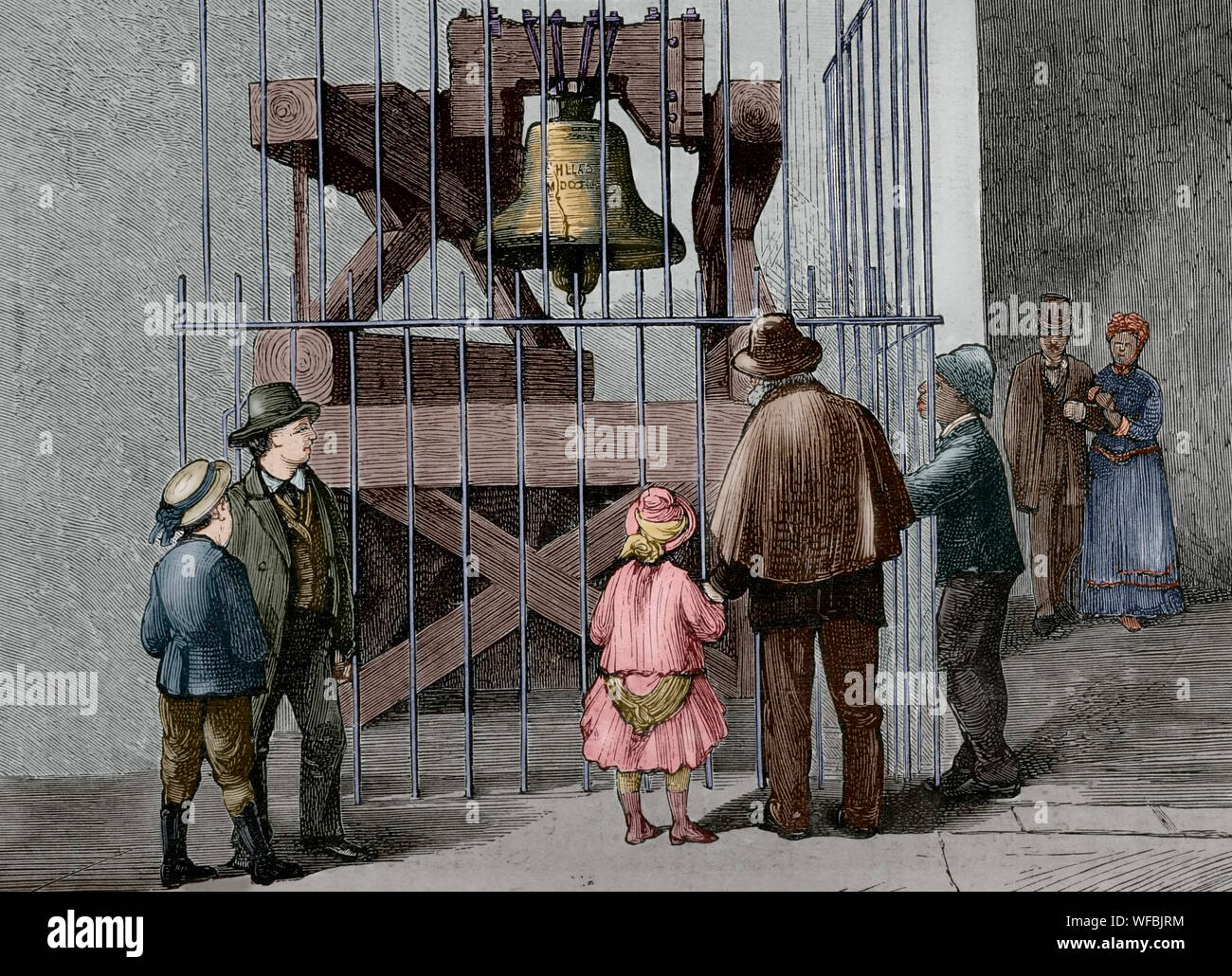 United States. Philadelphie, Pennsylvanie. Liberty Bell. L'Independence Hall. Le 8 juillet 1776, la cloche de la liberté sonna de la tour de l'Independence Hall, convoquant les citoyens de Philadelphie pour la première lecture publique de la Déclaration d'indepedence. Les visiteurs qui envisagent la cloche. La gravure. La Ilustracion Española y Americana, 22 juin 1876. Plus tard la couleur. Banque D'Images