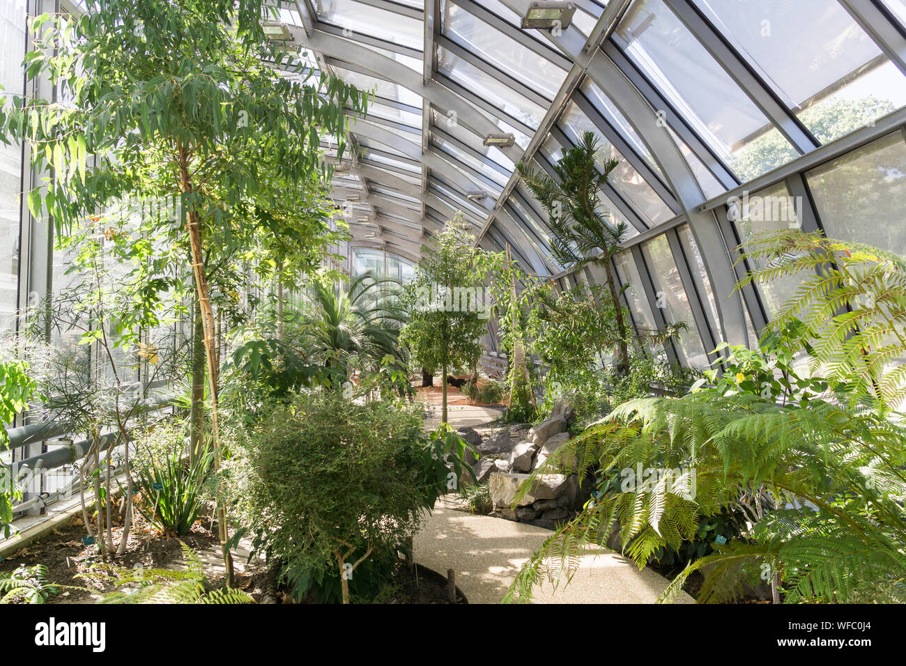 Paris architecture verte - une serre entourant le stade de tennis Simon Mathieu, situé dans le jardin des serres d'Auteuil jardin botanique. Banque D'Images