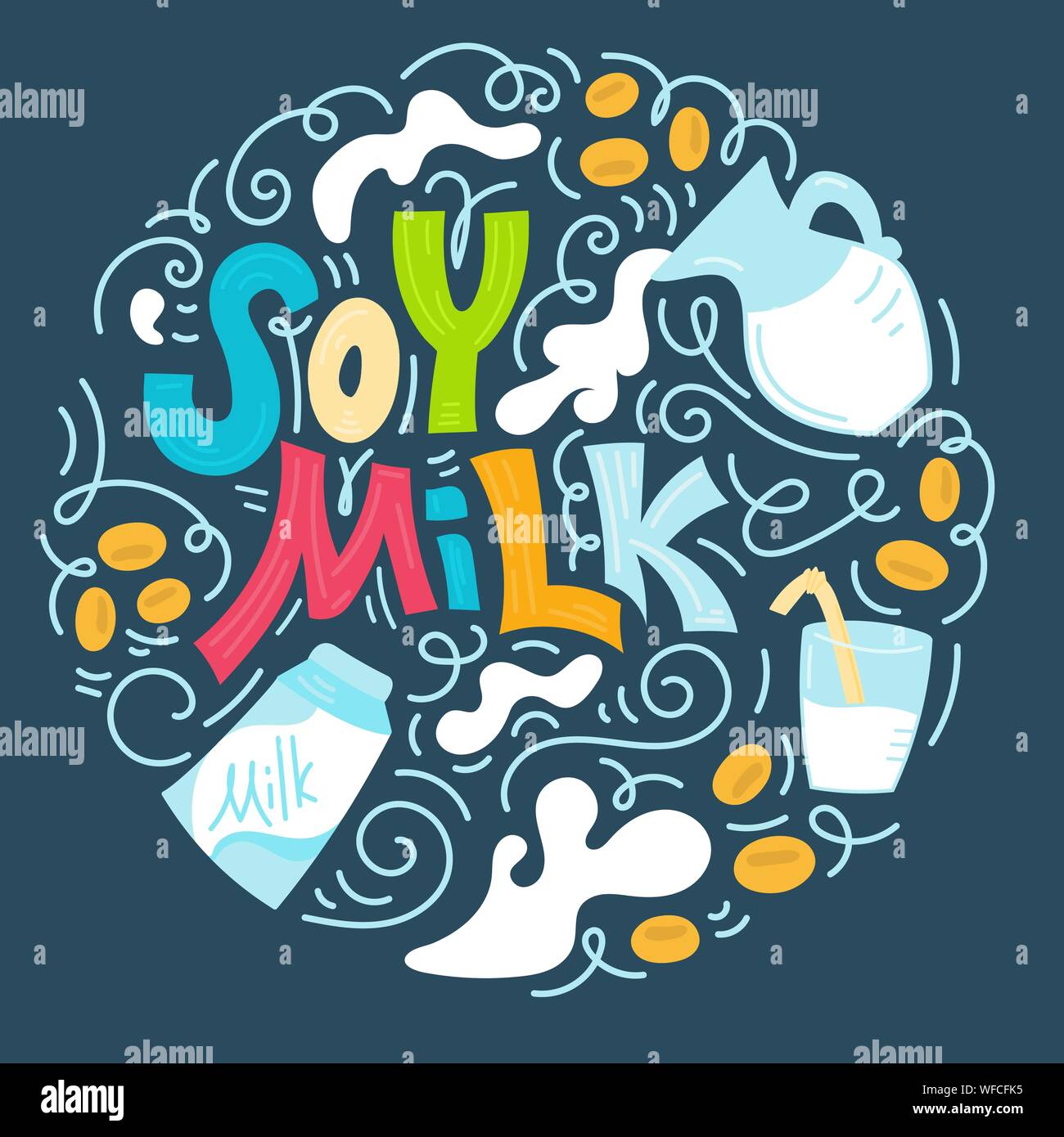 Lait de soja lettrage dessiné à la main. Avec verre de lait de soja, en carton et en verre de lait. Doodle, style vector illustration en couleur. Illustration de Vecteur