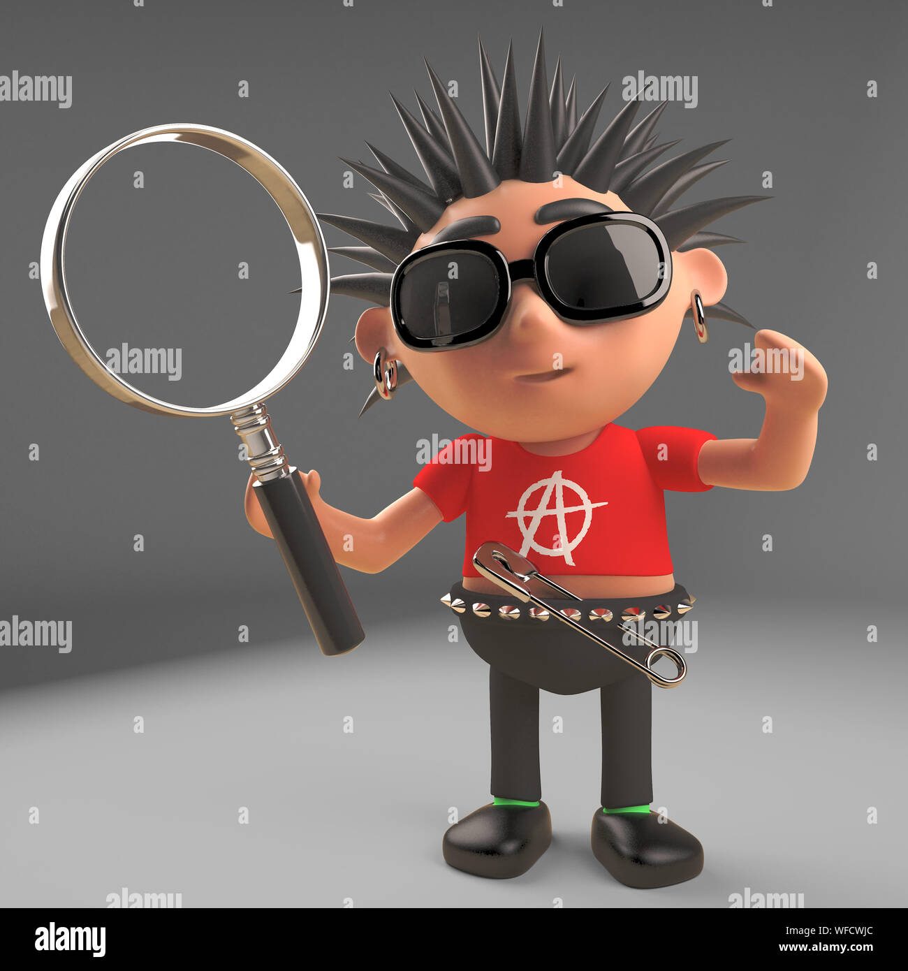 Punk Rocker curieux regarde à travers une loupe, illustration 3D render Banque D'Images