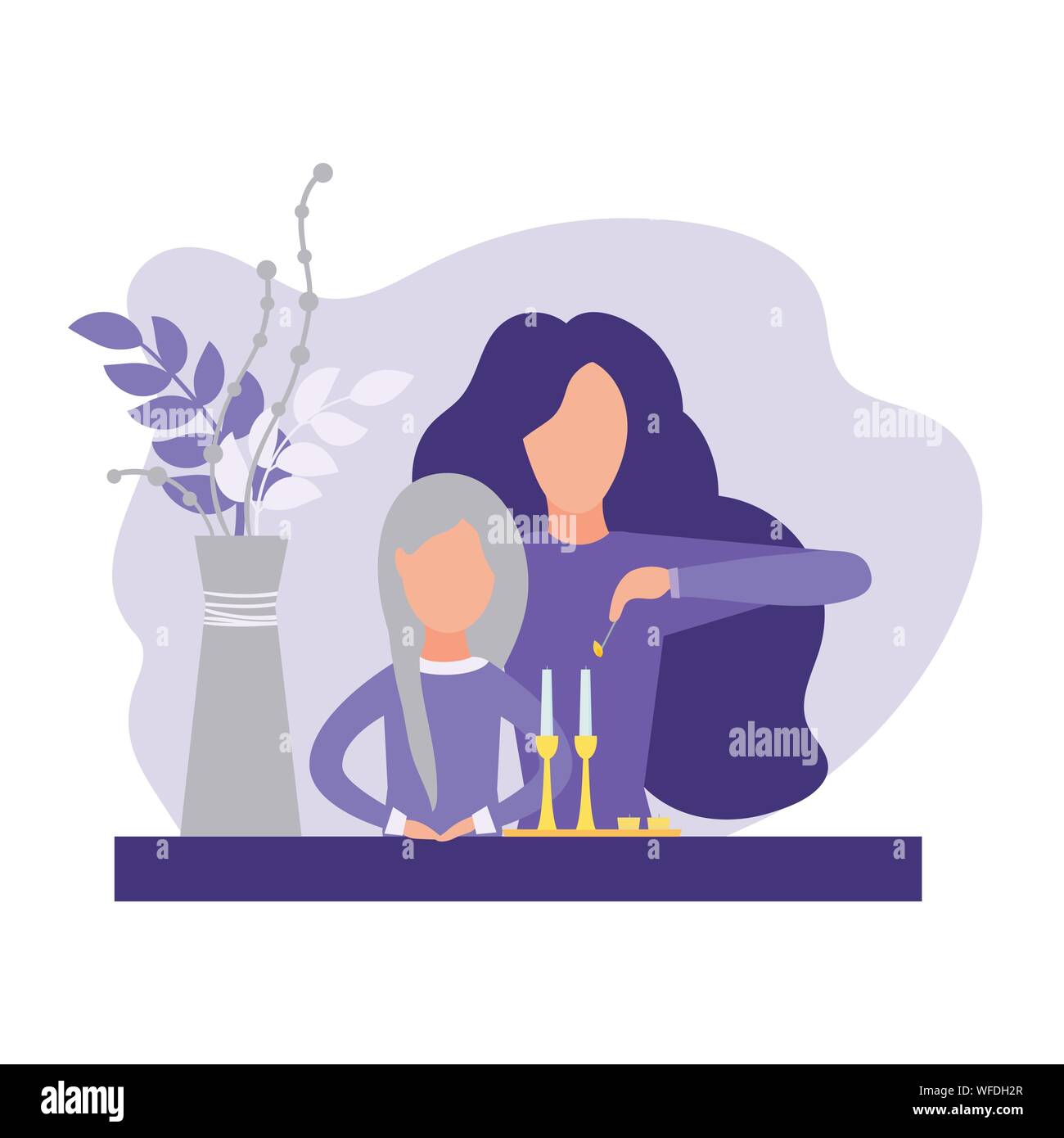 Mère et fille bougies d'éclairage pour le Shabbat. Isolé sur fond blanc. Vector illustration. Une télévision moderne style. Illustration de Vecteur