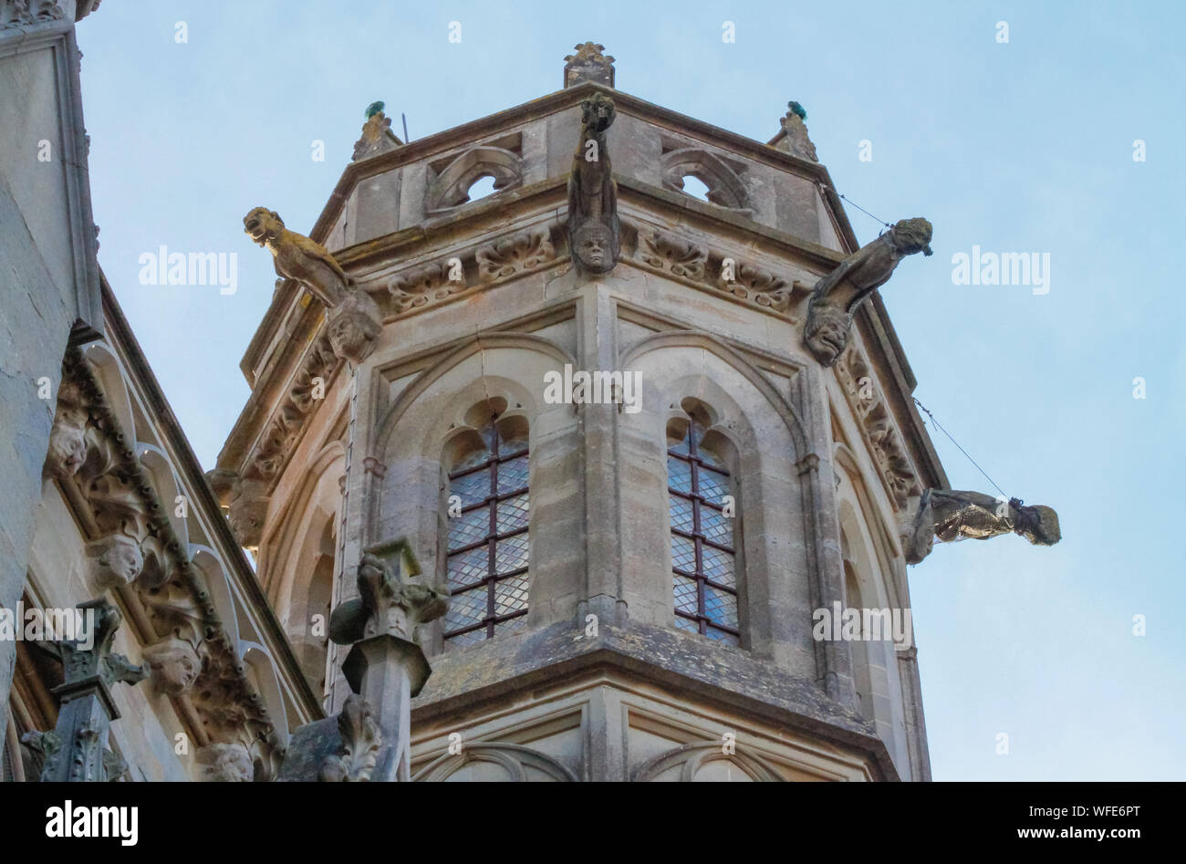 Les gargouilles et ornementé de détails architecturaux en pierre, Basilique des Saints Nazaire et Celse, de la Cité, Carcassonne, France, Europe Banque D'Images