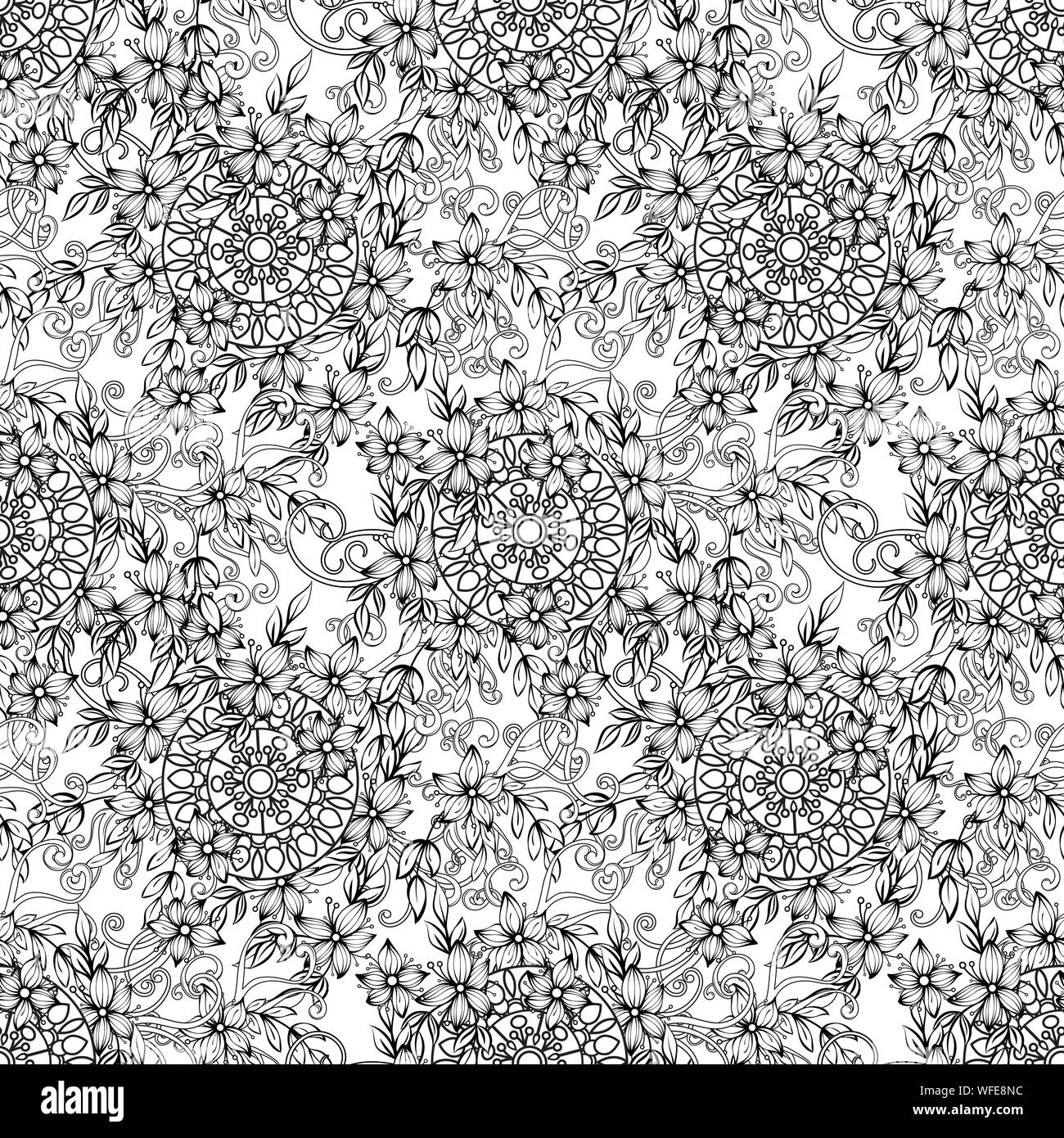 Motif transparent floral en noir et blanc. Livre de coloriage adultes page avec des fleurs et des mandalas. Hand drawn vector illustration. Doodles contexte Illustration de Vecteur Motif transparent floral en noir et blanc. Livre de coloriage adultes page avec des fleurs et des mandalas. Hand drawn vector illustration. Doodles contexte Illustration de Vecteur