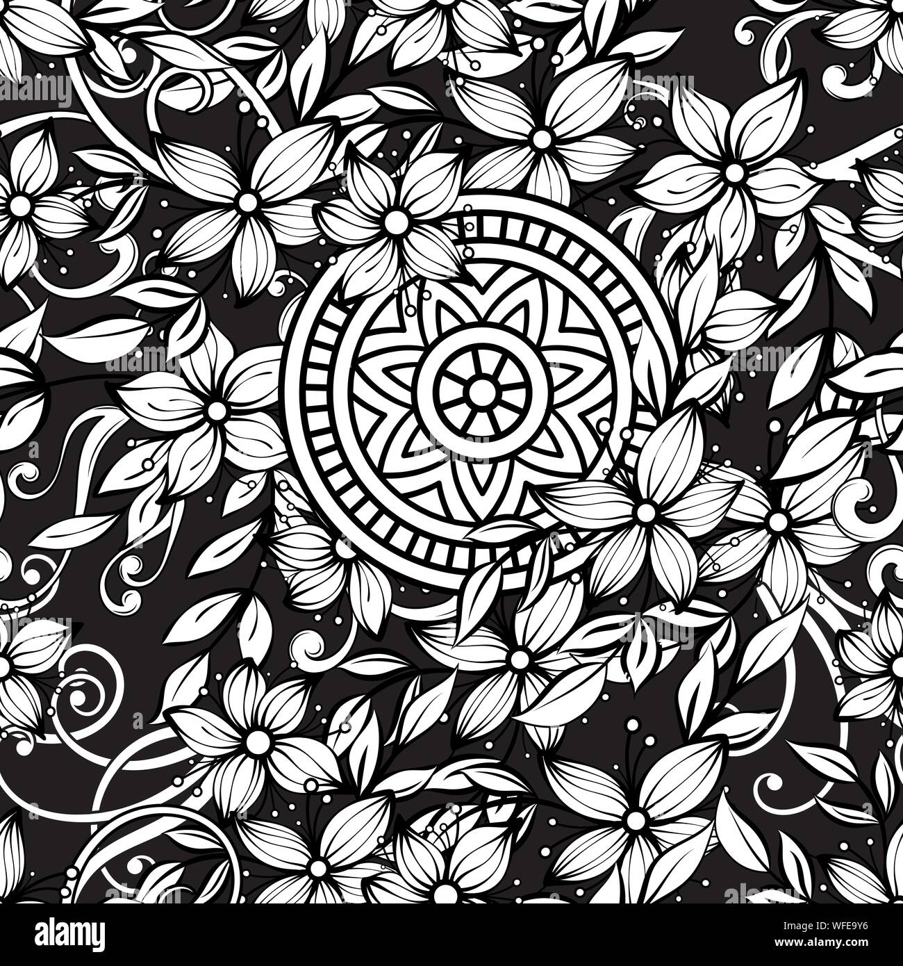 Motif transparent floral en noir et blanc. Livre de coloriage adultes page avec des fleurs et des mandalas. Hand drawn vector illustration fond noir Illustration de Vecteur Motif transparent floral en noir et blanc. Livre de coloriage adultes page avec des fleurs et des mandalas. Hand drawn vector illustration fond noir Illustration de Vecteur