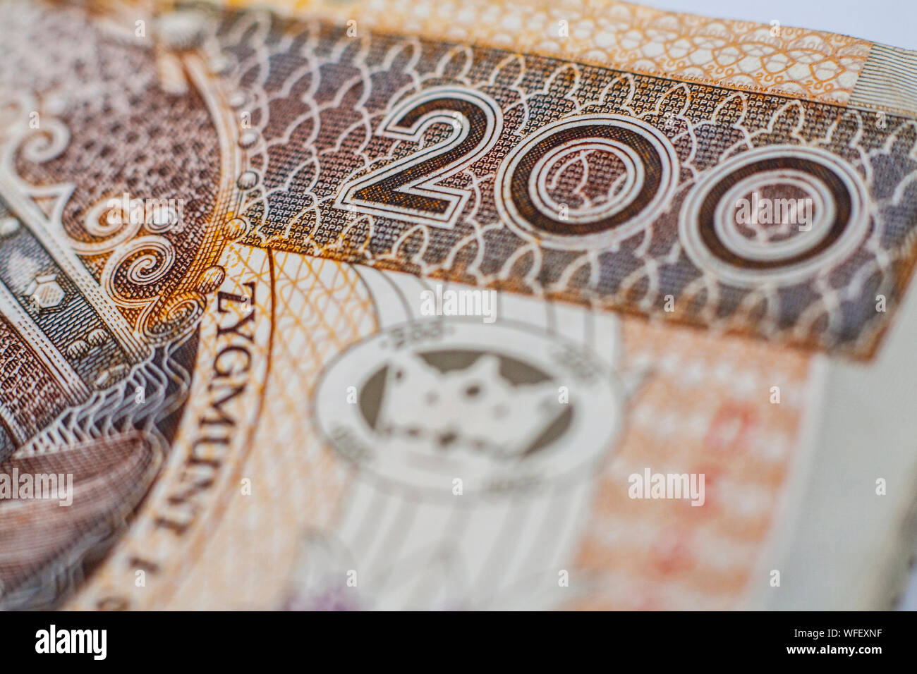 Gros plan macro sur numéro 200 sur une centaine de billets polonaise zloty Banque D'Images