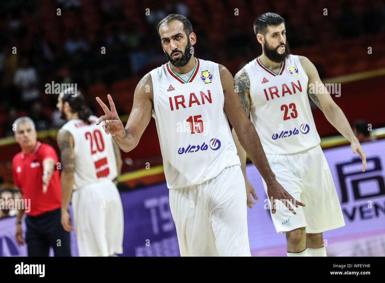 Guangzhou, la province chinoise du Guangdong. Août 31, 2019. Hamed Haddadi (C) d'Iran réagit au cours du match du groupe C entre l'Iran et de Porto Rico à la Coupe du Monde 2019 de basket-ball de la FIBA à Guangzhou, province du Guangdong en Chine du sud, le 31 août, 2019. Source : Xinhua/Yulong Pan/Alamy Live News Banque D'Images