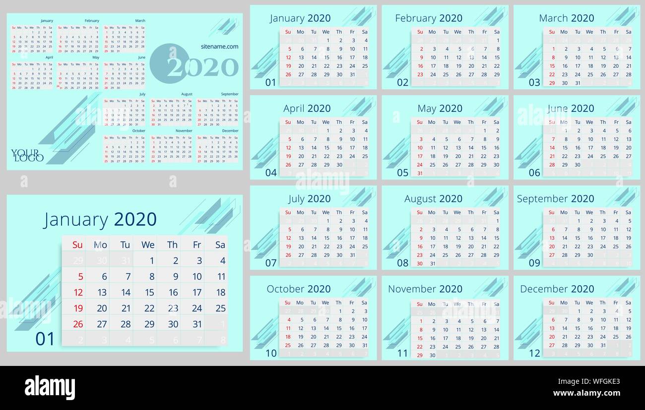 Modèle de calendrier pour l'année 2020 sur fond de couleur menthe. Semaine commence le dimanche. Le dimanche est surligné en rouge. Illustration de Vecteur