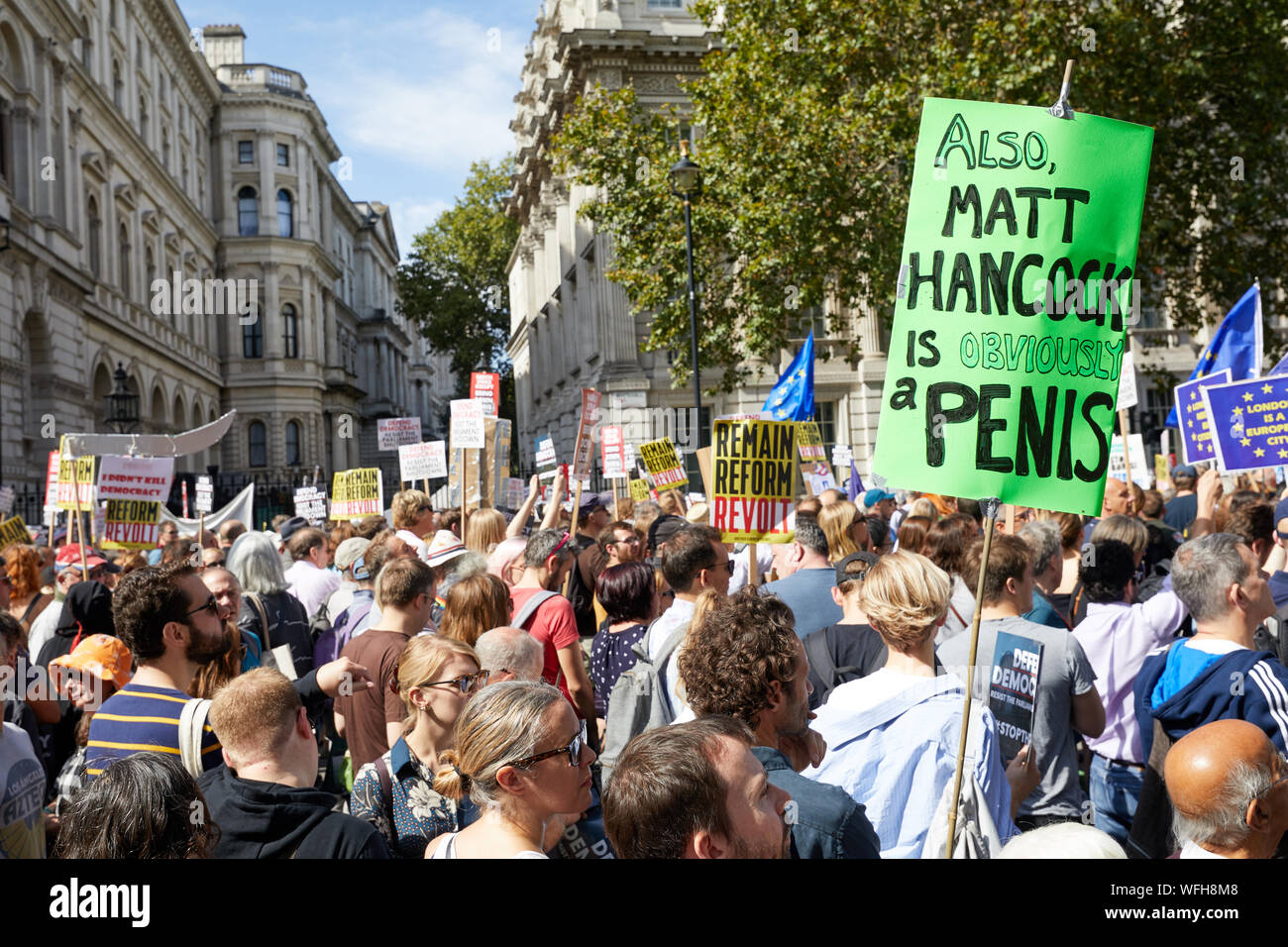 Londres, Royaume-Uni - 31 août 2019 des manifestants à l'extérieur : Downing Street contre Boris Johnson a décidé de suspendre le Parlement à l'approche de Brexit. Banque D'Images