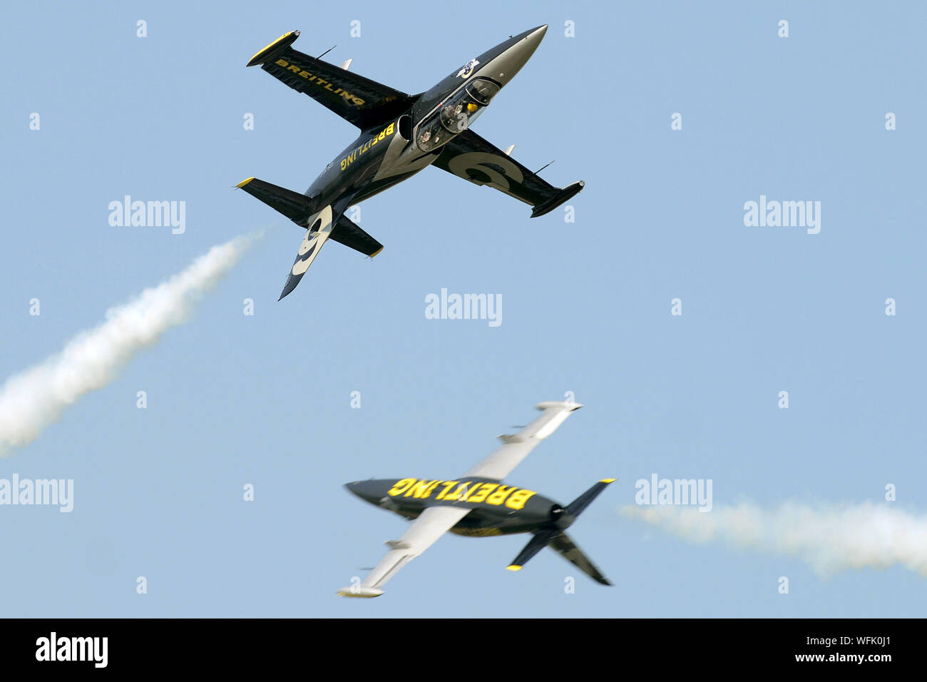 Hradec Kralove, République tchèque. Août 31, 2019. Breitling Jet Team acrobatique de la France au cours de la République tchèque International Air Fest à Hradec Kralove en République tchèque.Le Breitling Jet Team est la plus grande équipe de voltige aérienne civile afficher en Europe. Basé à Dijon, en France, il vole 8 République tchèque Aero L-39 Albatros jet. Credit : Slavek Ruta/ZUMA/Alamy Fil Live News Banque D'Images