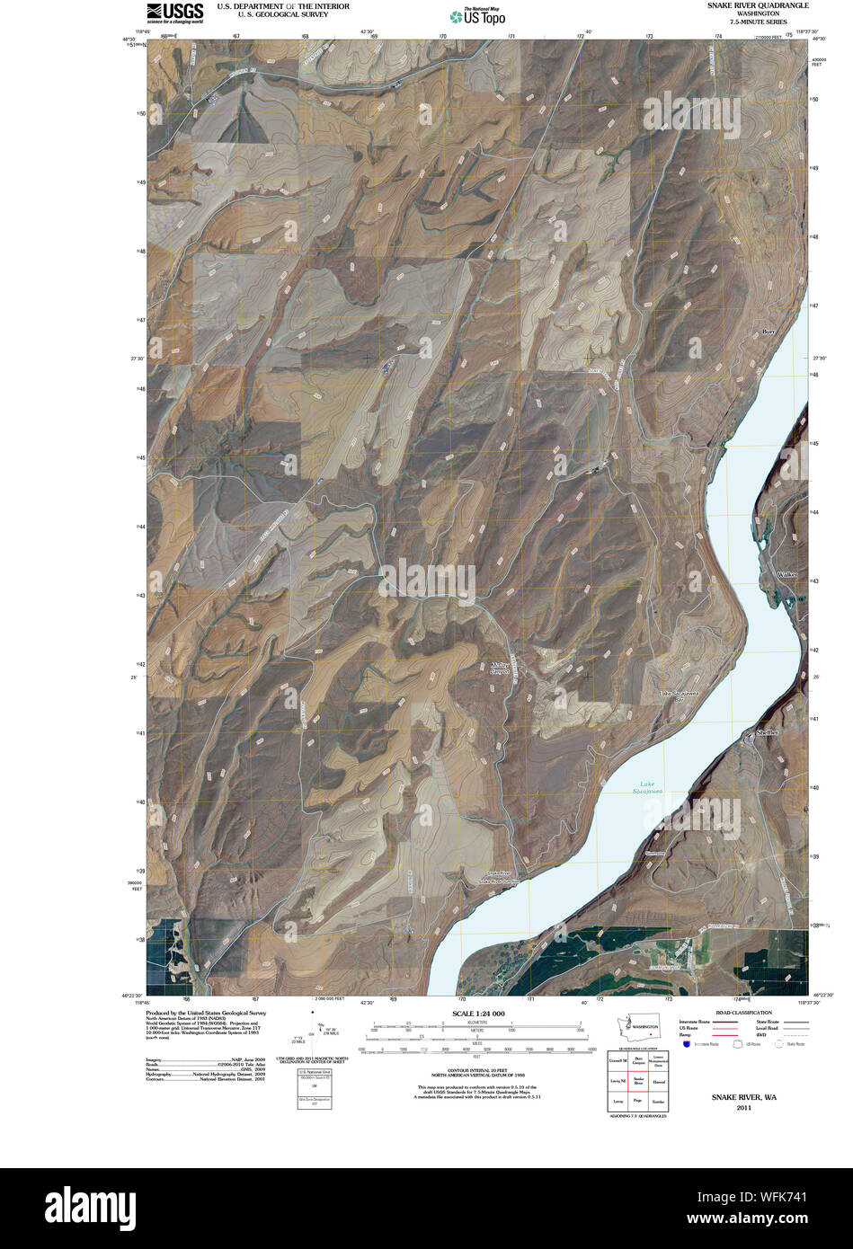 L'État de Washington, de l'USGS Topo Map WA Rivière Snake 20110405 Restauration TM Banque D'Images