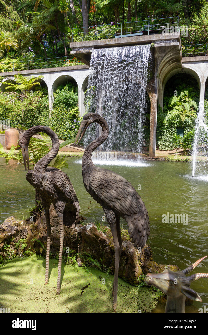 FUNCHAL, PORTUGAL - 11 juillet 2017 : Statue de deux oiseaux heron à l'eau dans beau jardin Banque D'Images