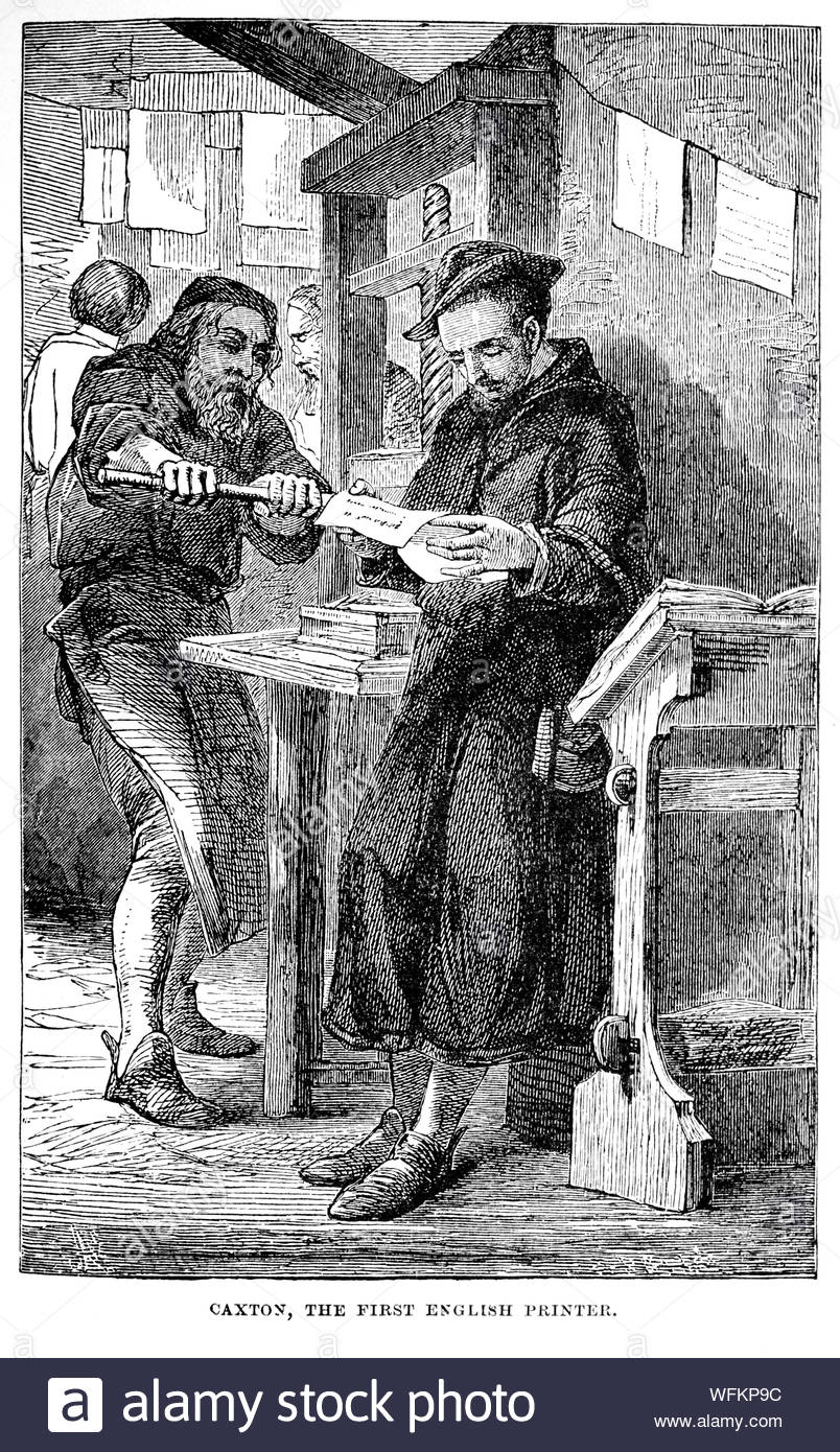 William Caxton, 1422 - 1491, a été le premier à introduire une presse d'impression en Angleterre en 1476, illustration de 1900 vintage Banque D'Images