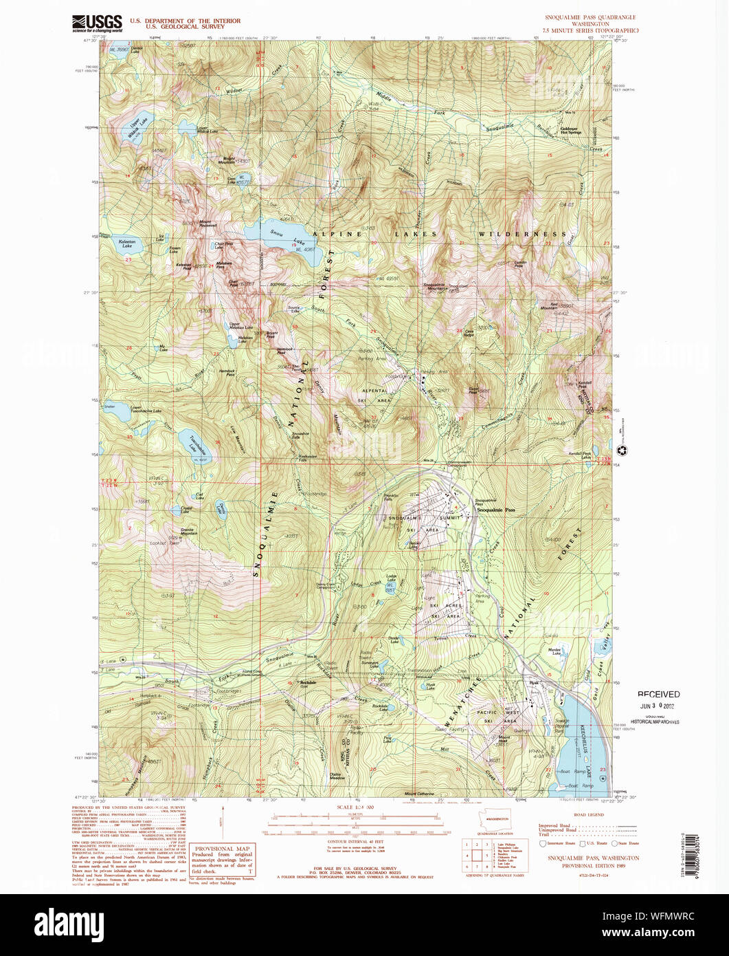 L'État de Washington, de l'USGS Topo Map WA Snoqualmie Pass 2438361989 Restauration 24000 Banque D'Images