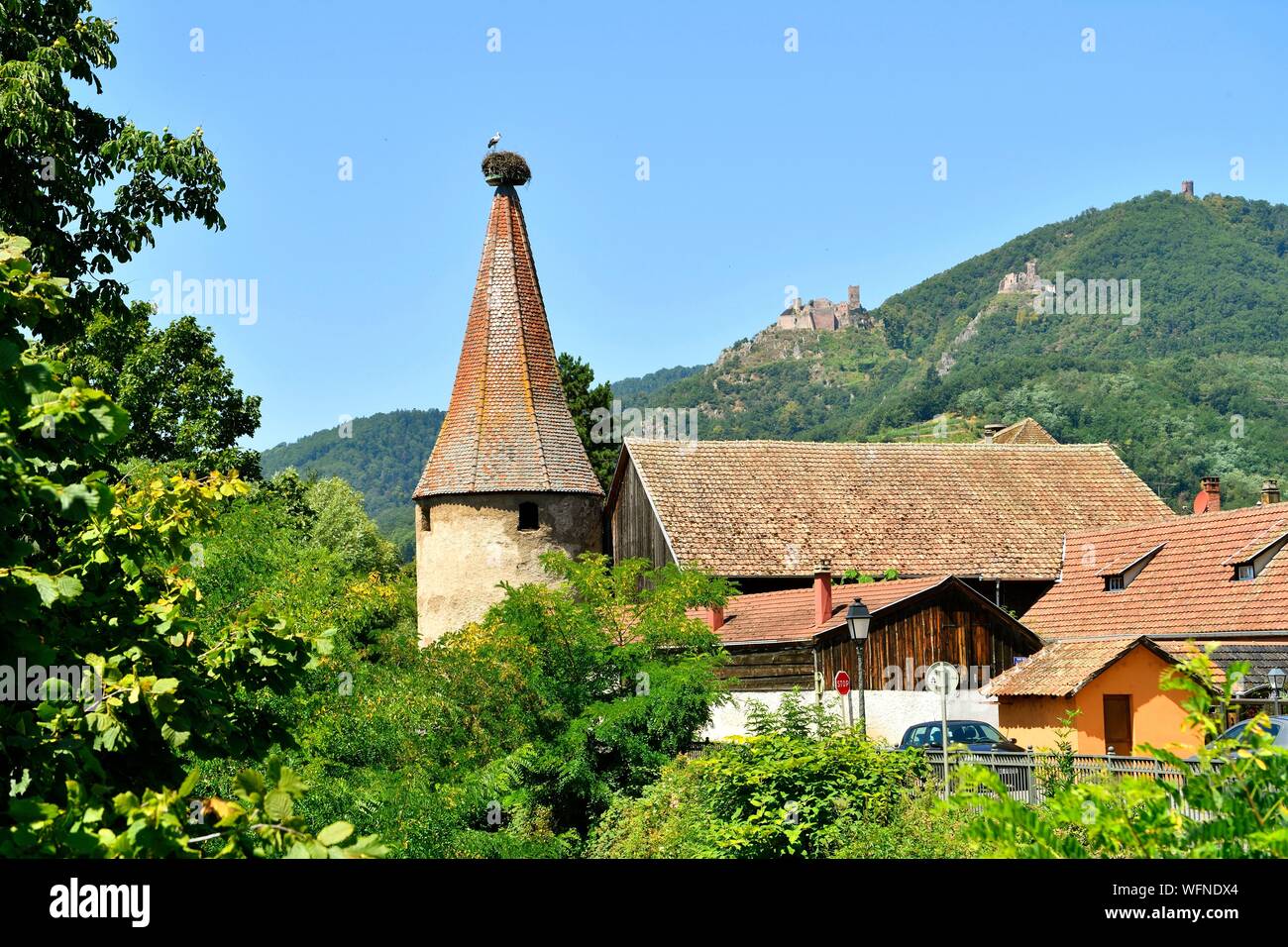 La France, Haut Rhin, Alsace, Ribeauvillé, Stork Tower (Tour des Cigognes), dans l'arrière-plan St Ulrich Castle et Château Girsberg Banque D'Images