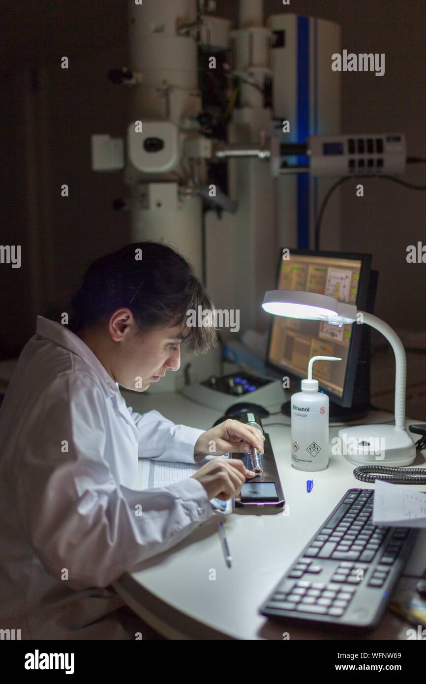La France, l'Eure, Grand Bourgtheroulde, analyste de l'environnement, laboratoire de microscopie électronique de positionnement grilles sur un microscope électronique à transmission analytique (ATEM) porte-échantillon Banque D'Images