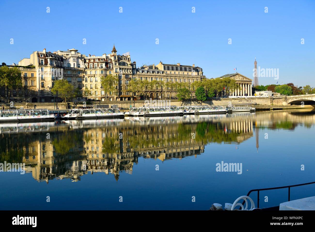 France, Paris, région classée au Patrimoine Mondial de l'UNESCO, les berges de la Seine, l'Assemblée nationale (Palais Bourbon) et de la Tour Eiffel sur l'arrière-plan Banque D'Images