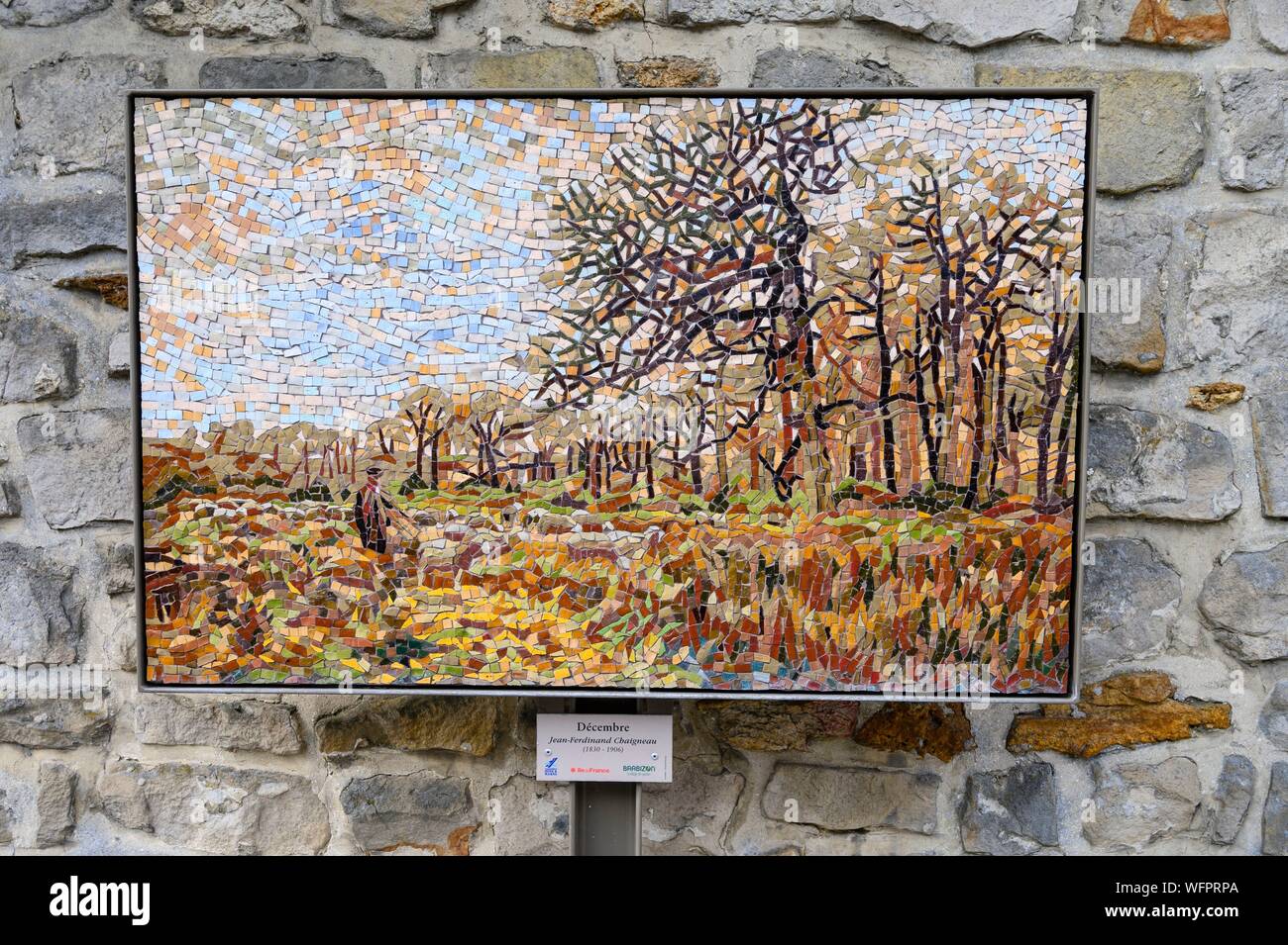 France, Seine-et-Marne, Barbizon, parc naturel régional du Gâtinais, la reproduction de la peinture de décembre de Jean-FerdinandChaigneau sur un mur de la ville Banque D'Images
